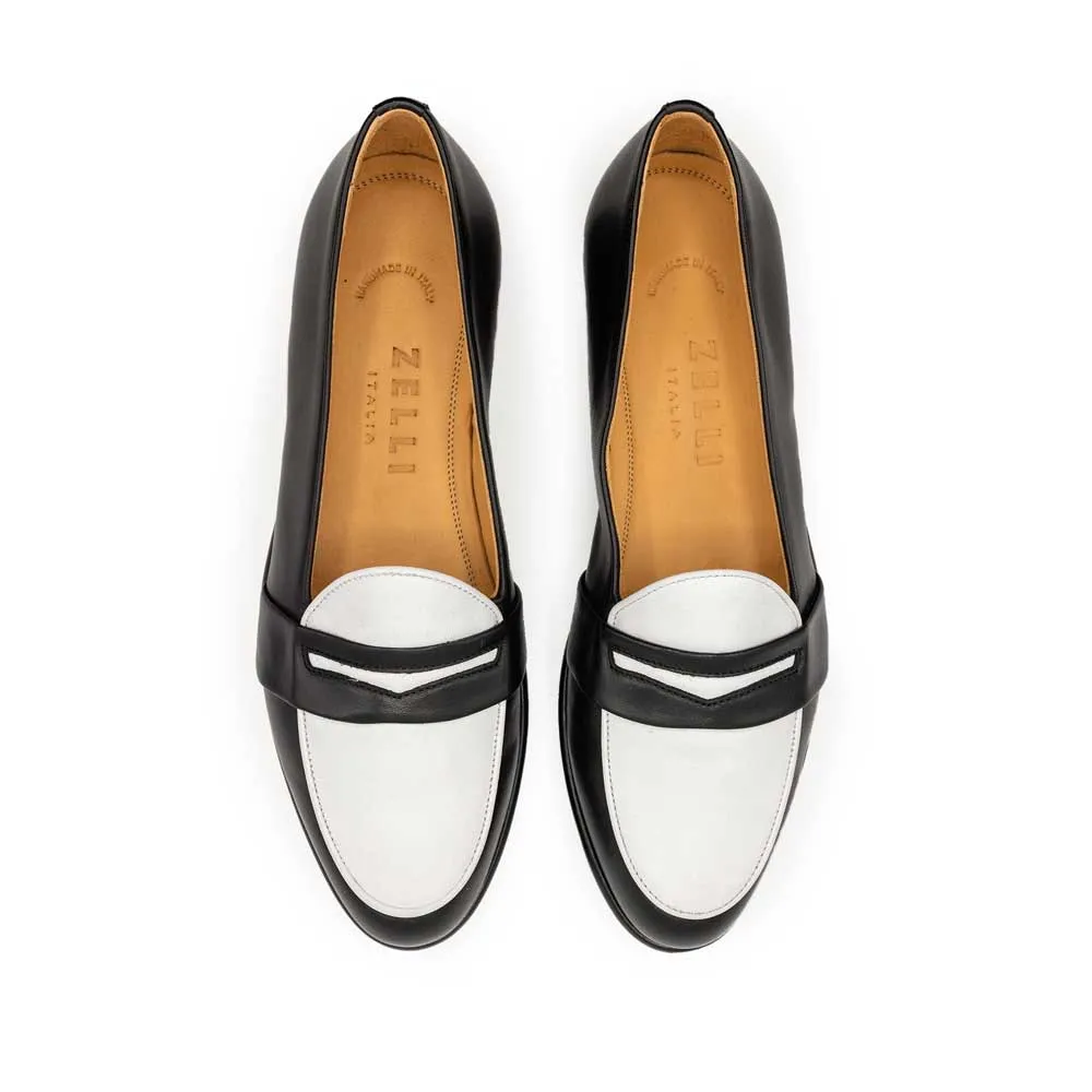 15-300-BKW ALBA Calfskin Penny Loafer, Black/White