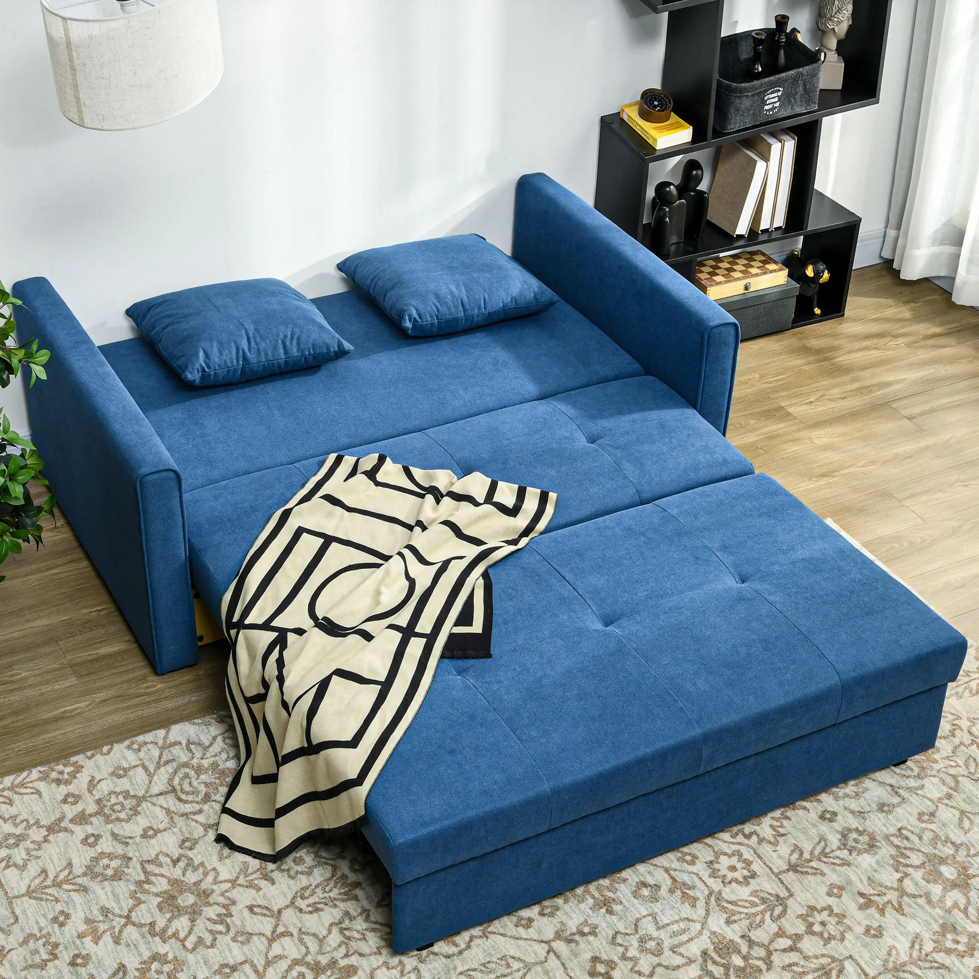 2 Seater Sofa Bed, Convertible Bed Settee, Modern Fabric Loveseat Sofa Couch w/ Cushions, Hidden Storage for Guest Room, Blue