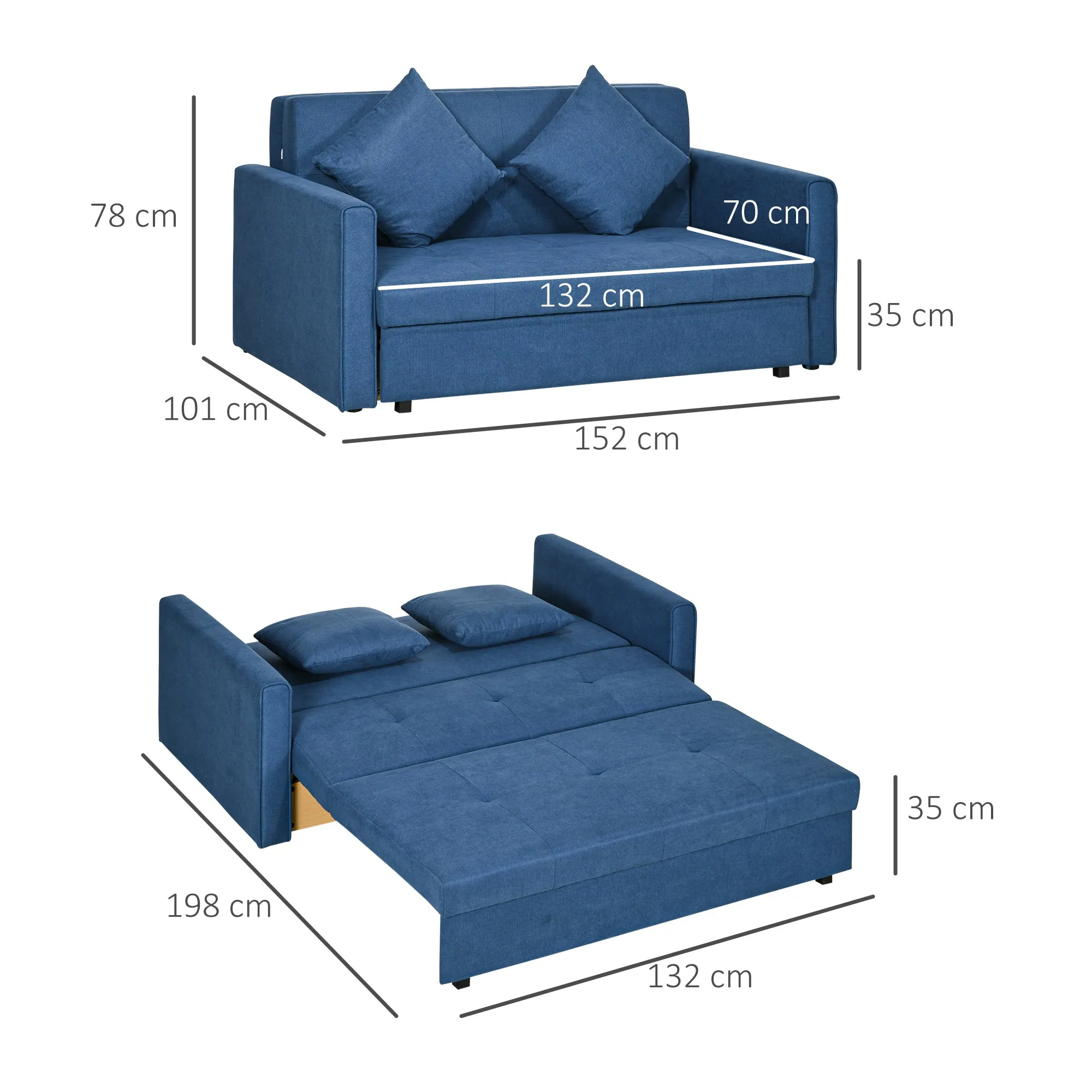 2 Seater Sofa Bed, Convertible Bed Settee, Modern Fabric Loveseat Sofa Couch w/ Cushions, Hidden Storage for Guest Room, Blue