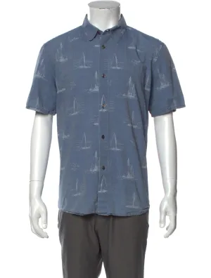 A.P.C. Blue Sailboat Print Short Sleeve Button Up Shirt