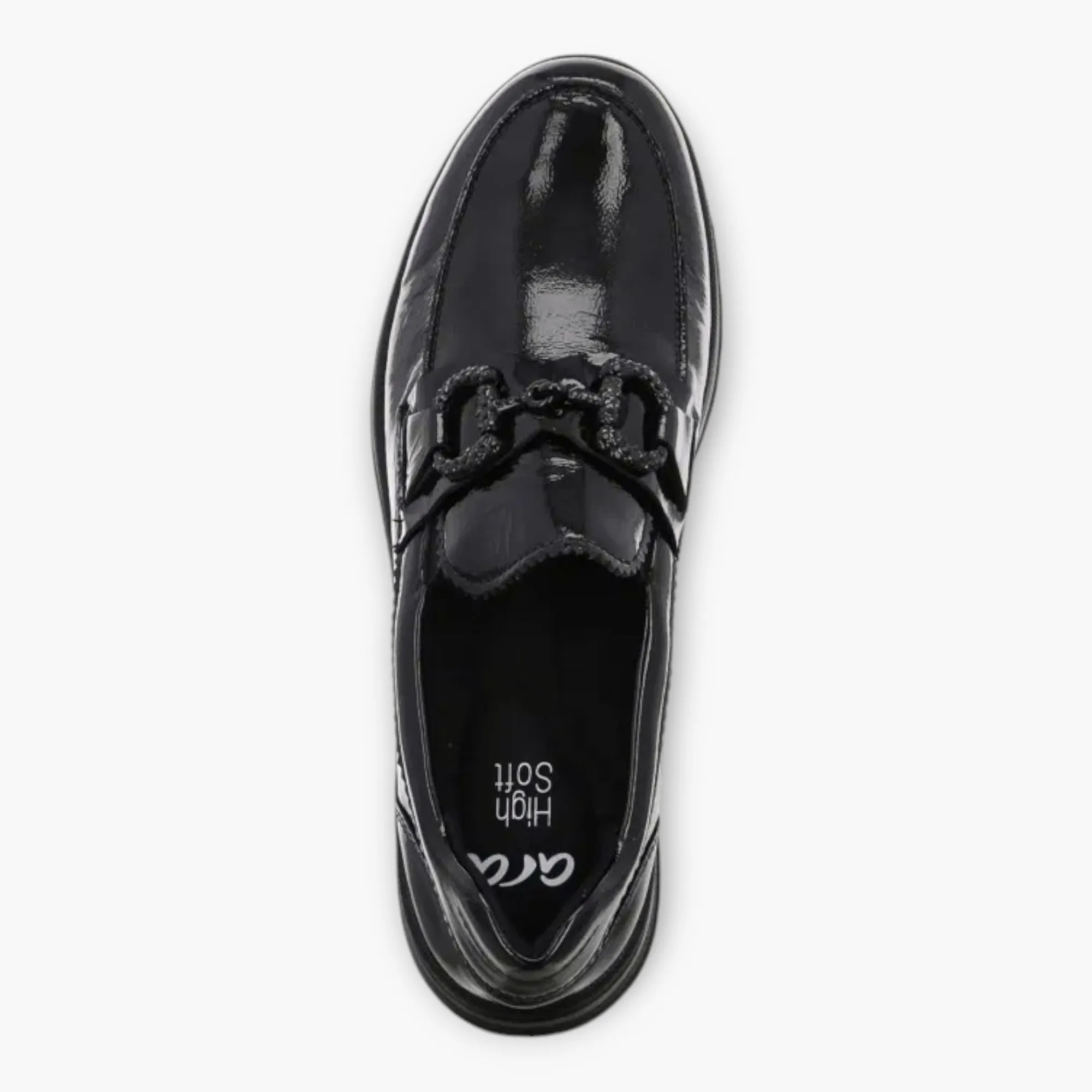 Ara Black Patent Loafers with Chain Detail & Wedge Sole - Wide Fit & Comfortable