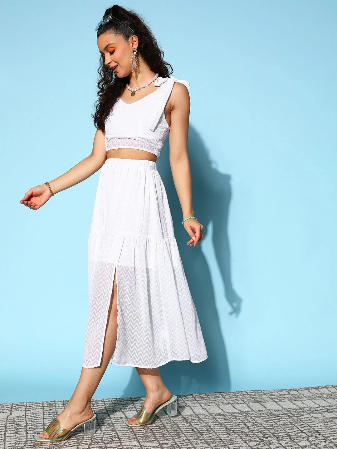 Berrylush Women Solid White Back Tie Shoulder Crop Cami Top & Slited Midi Skirt Co-Ord Set