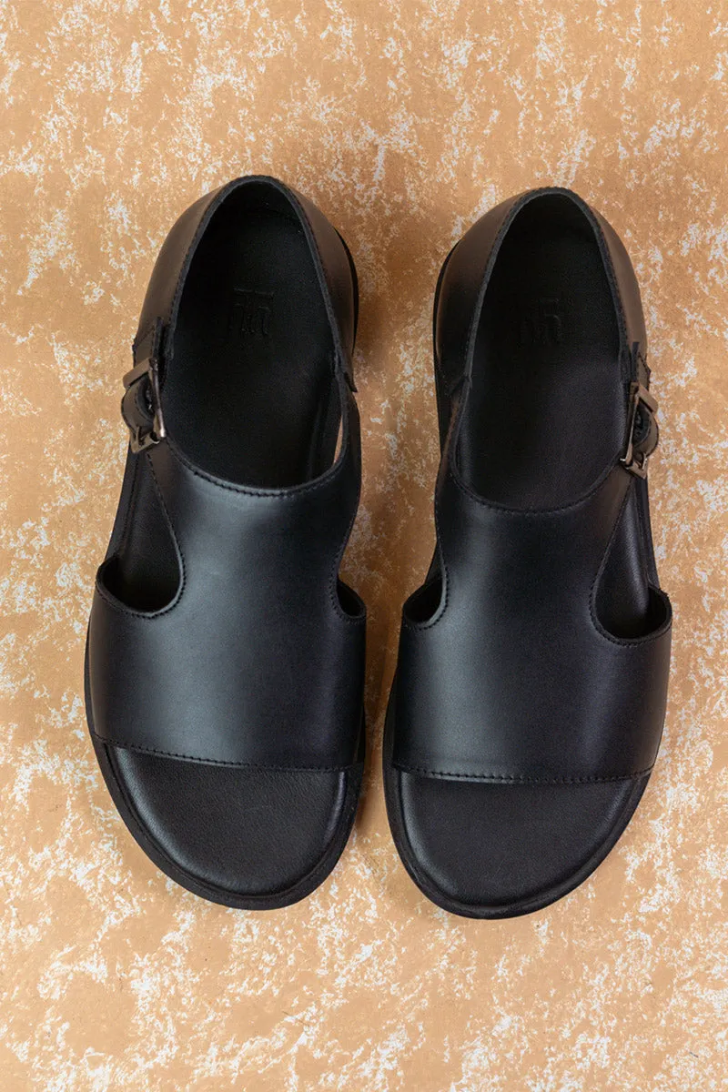 Black Leather Sandal With Back Strap