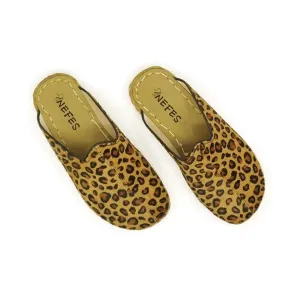 Closed Toe Leather Men's Slippers Yellow Leopard Print