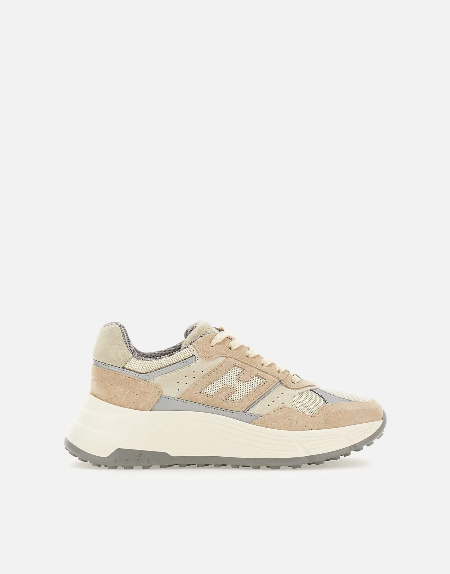 Cream Beige Leather Sneakers with Fabric Inserts