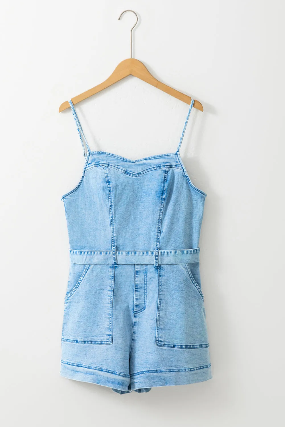 Denim Spaghetti Straps Belted Romper