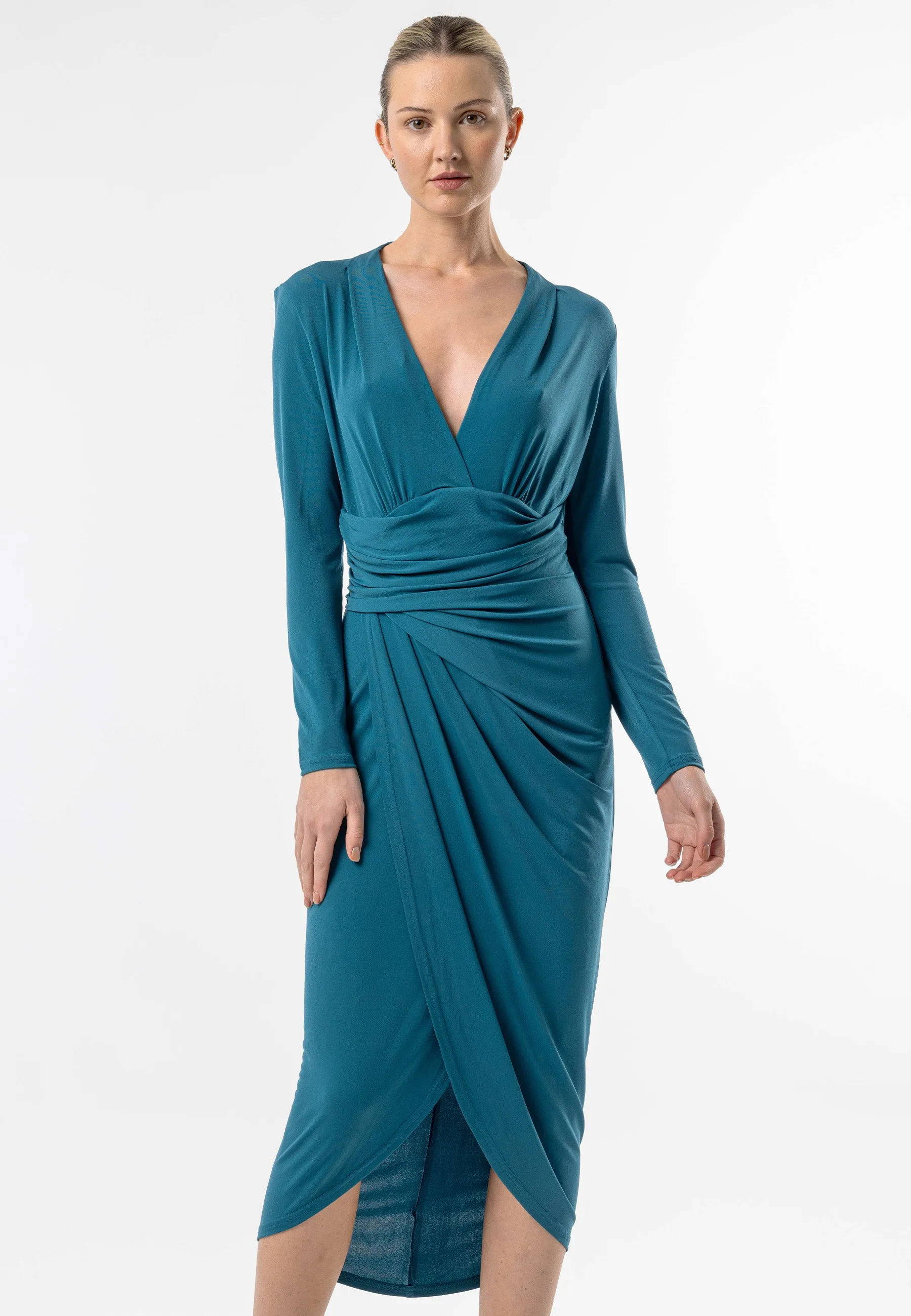 Faux Wrap Long Sleeves Midi Cocktail Dress in Teal