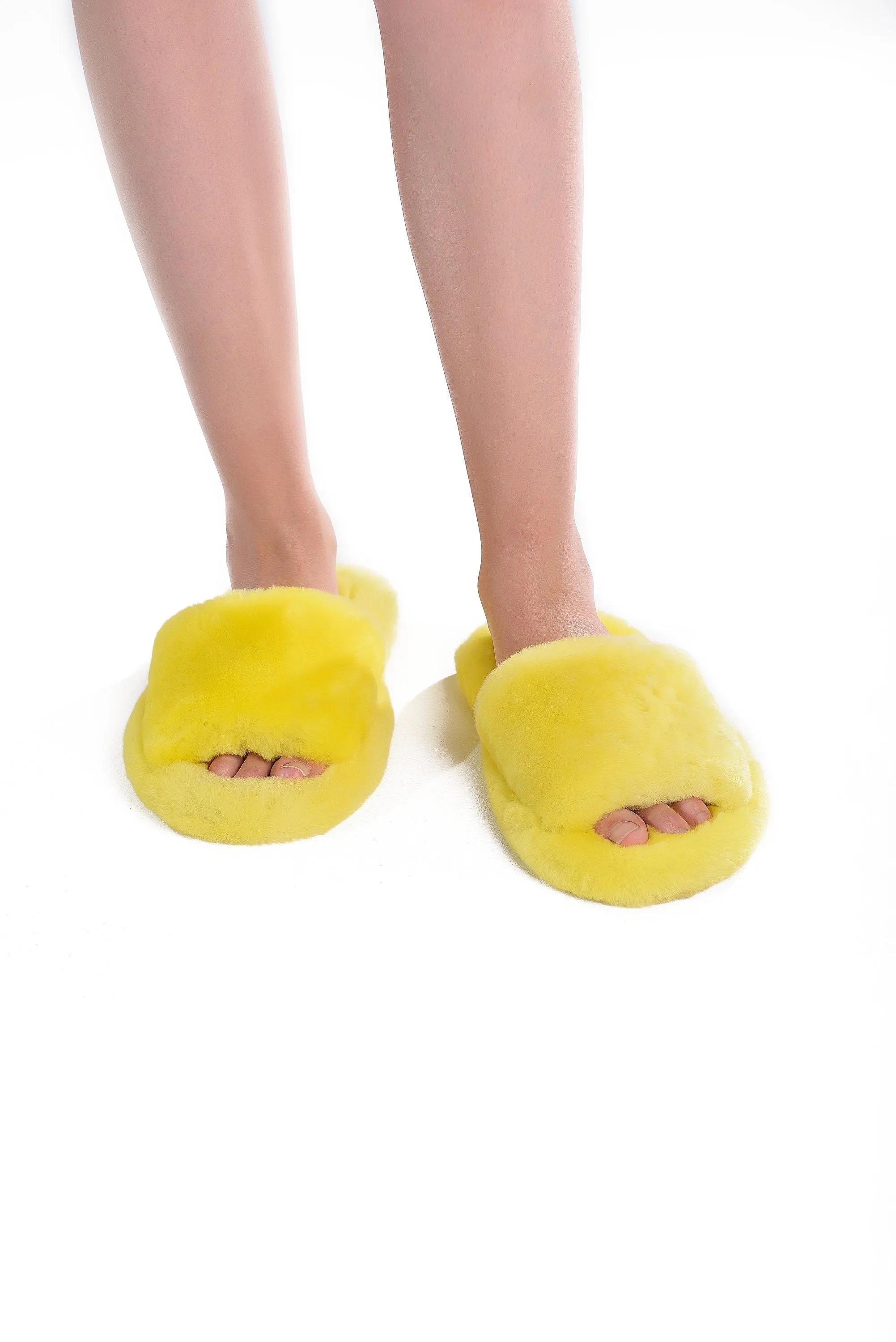 Fluffy Open Toe Sheepskin Mule Slippers for Women in Lemon Color