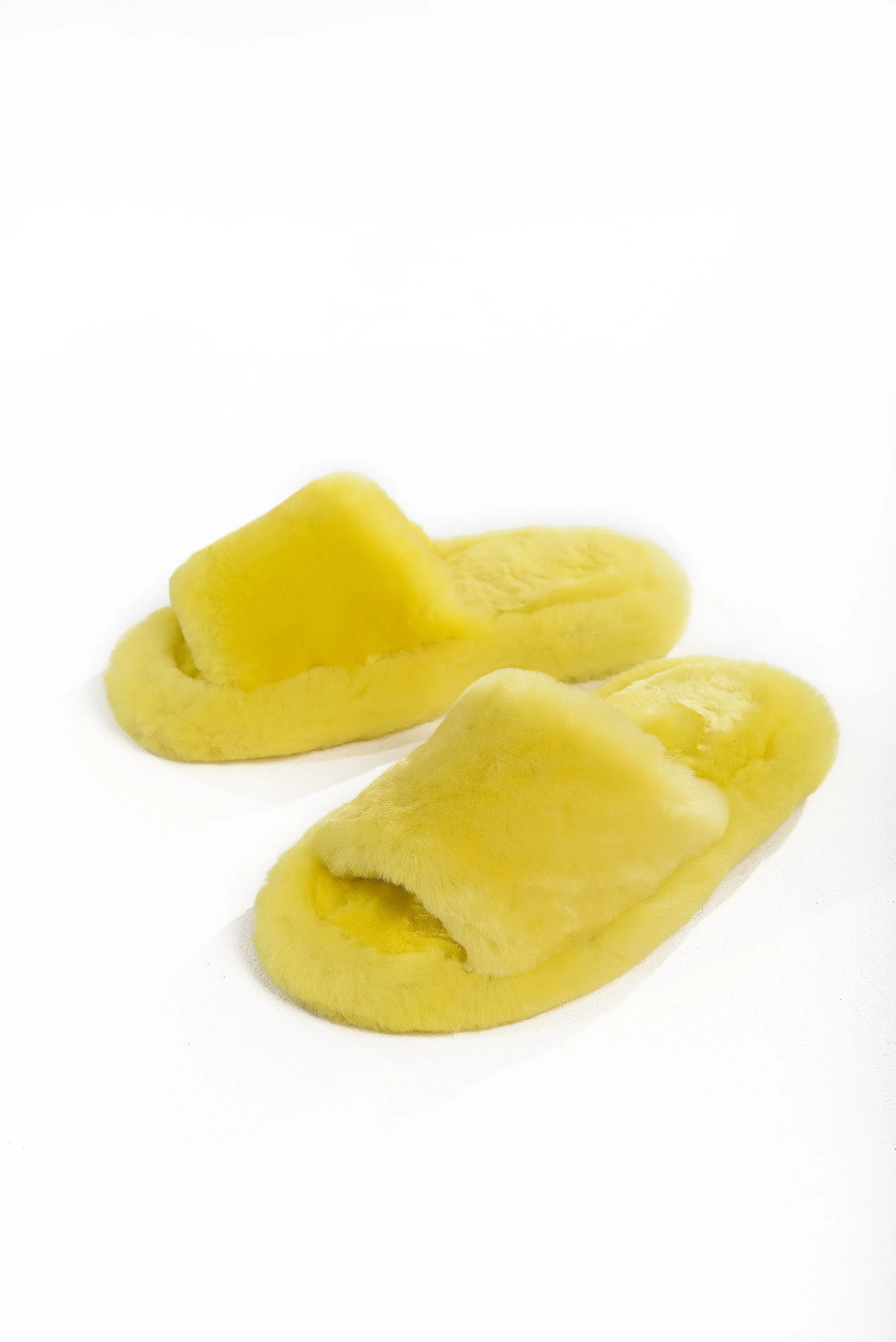 Fluffy Open Toe Sheepskin Mule Slippers for Women in Lemon Color