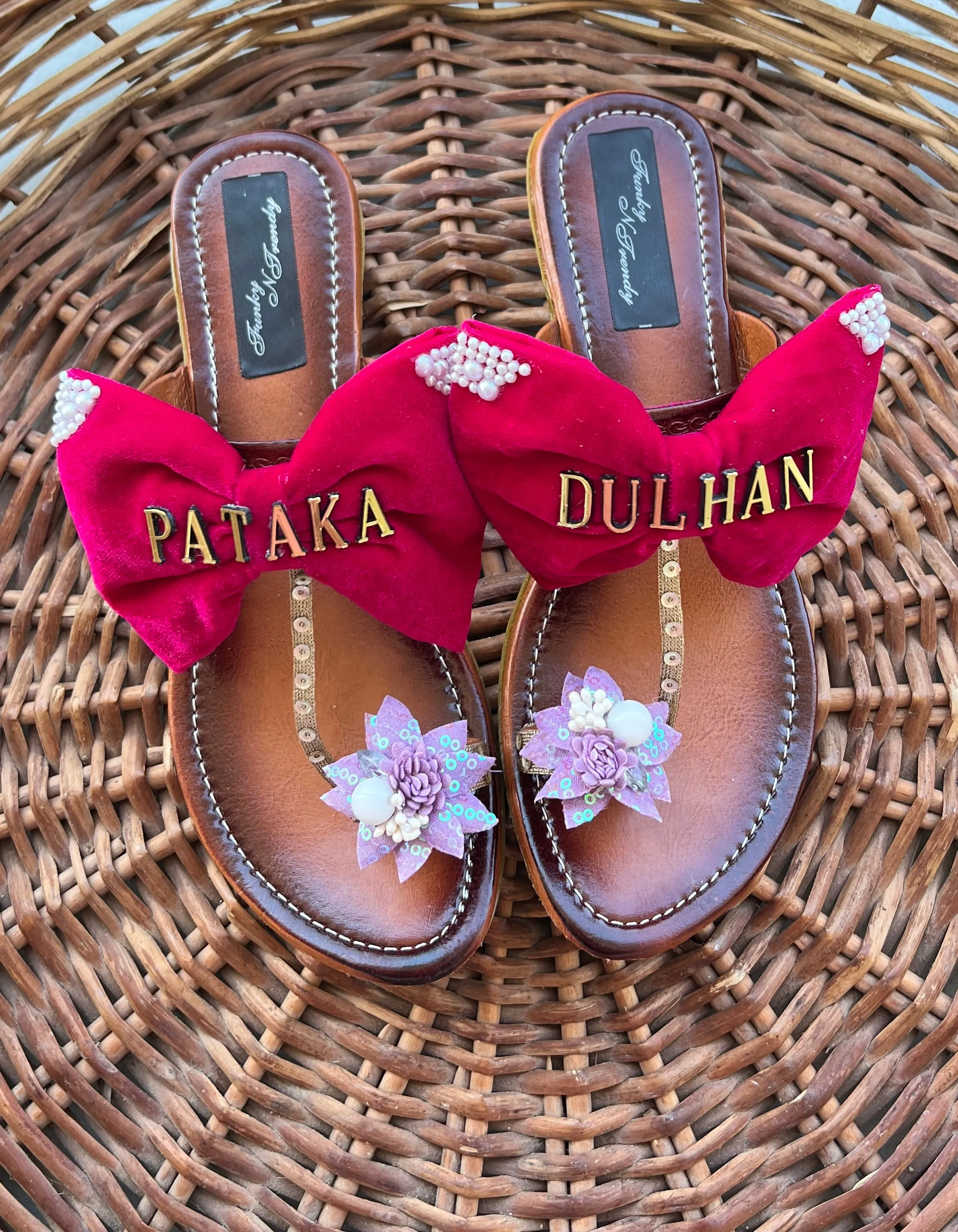 Funky N Trendy Couple slippers/ bridal footwear / groom footwear/ bow and moustache footwear / couple shoes/funky bridal combos / pataka dulhan flats slippers/ swag dulha kolhapuris/ couple footwear for haldi mahendi