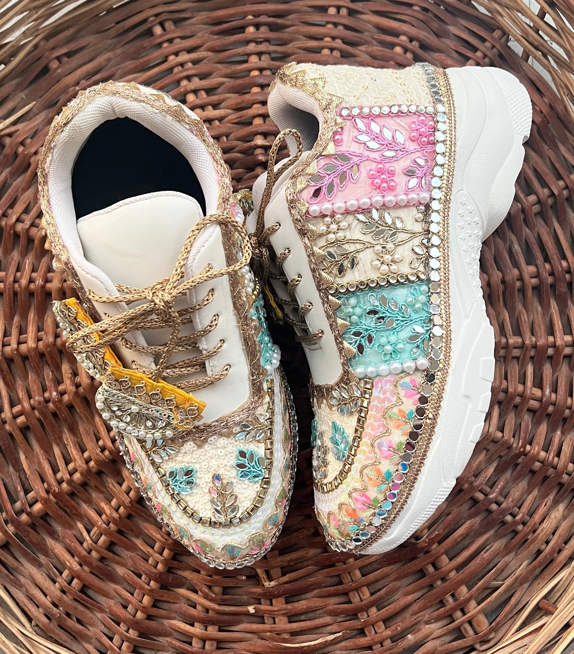 FUNKY N TRENDY hand crafted pastel bridal sneakers / gold sneakers / pastel sneakers / embroidery sneakers / sneakers for bride/ bridal shoes / multi colored shoes / pastel shades / ivory with pastel colors/ embroidery shoes