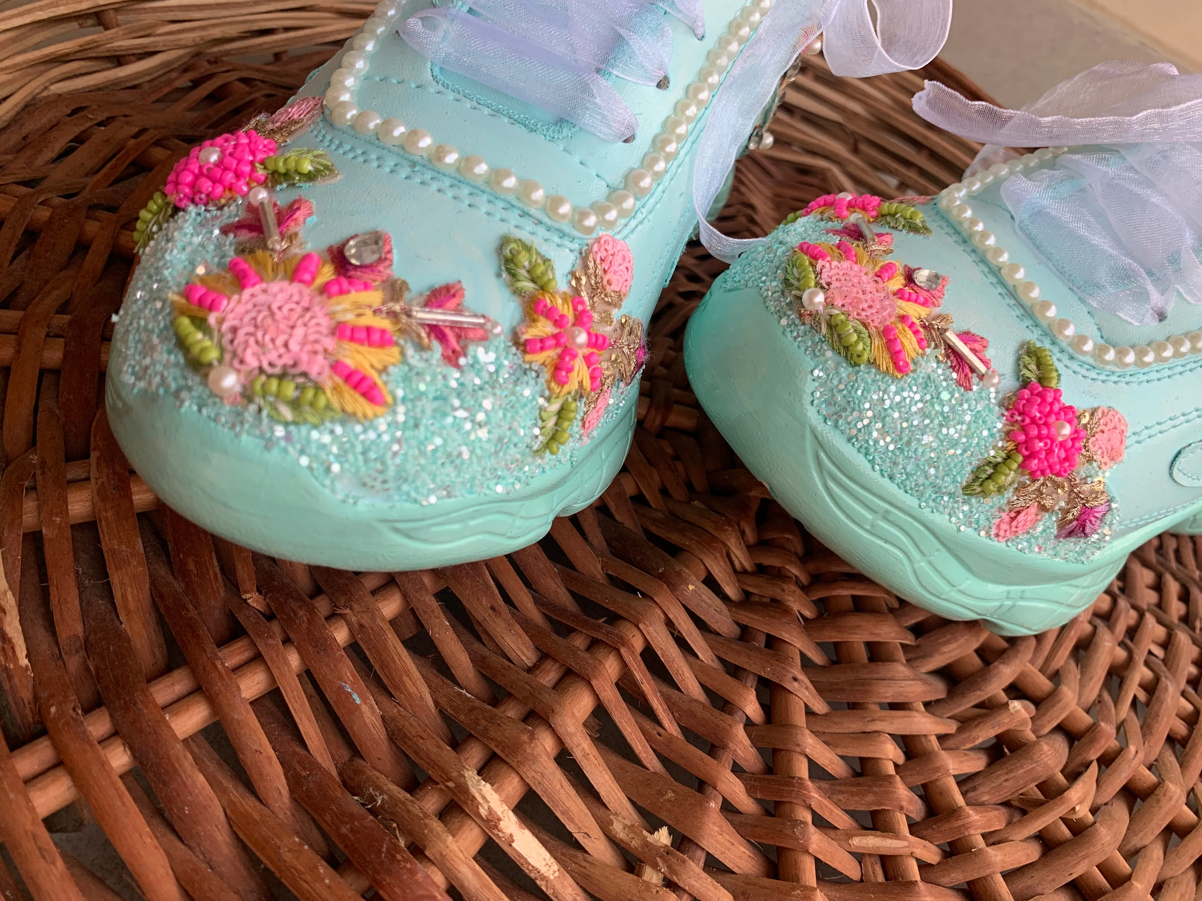 Funky N Trendy hand crafted powder blue theme bridal sneakers/ bridesmaid sneaker / powder blue sneakers/ pink floral theme sneakers / sea green shoes