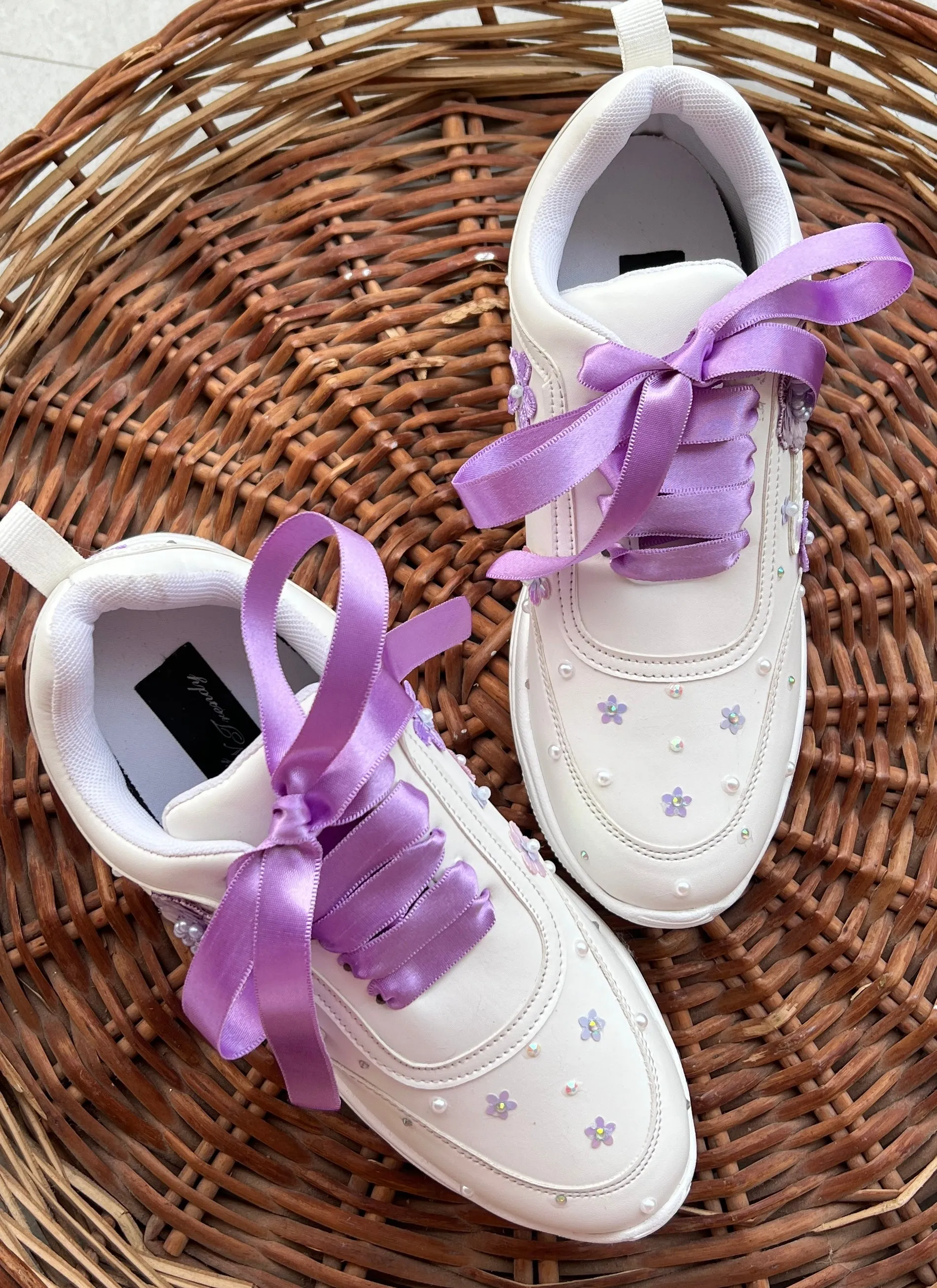 Funky N Trendy purple / lilac/ lavender embroidery floral work bridal sneakers/ bridesmaid sneaker / hancrafted sneakers / purple sneakers / white sneakers