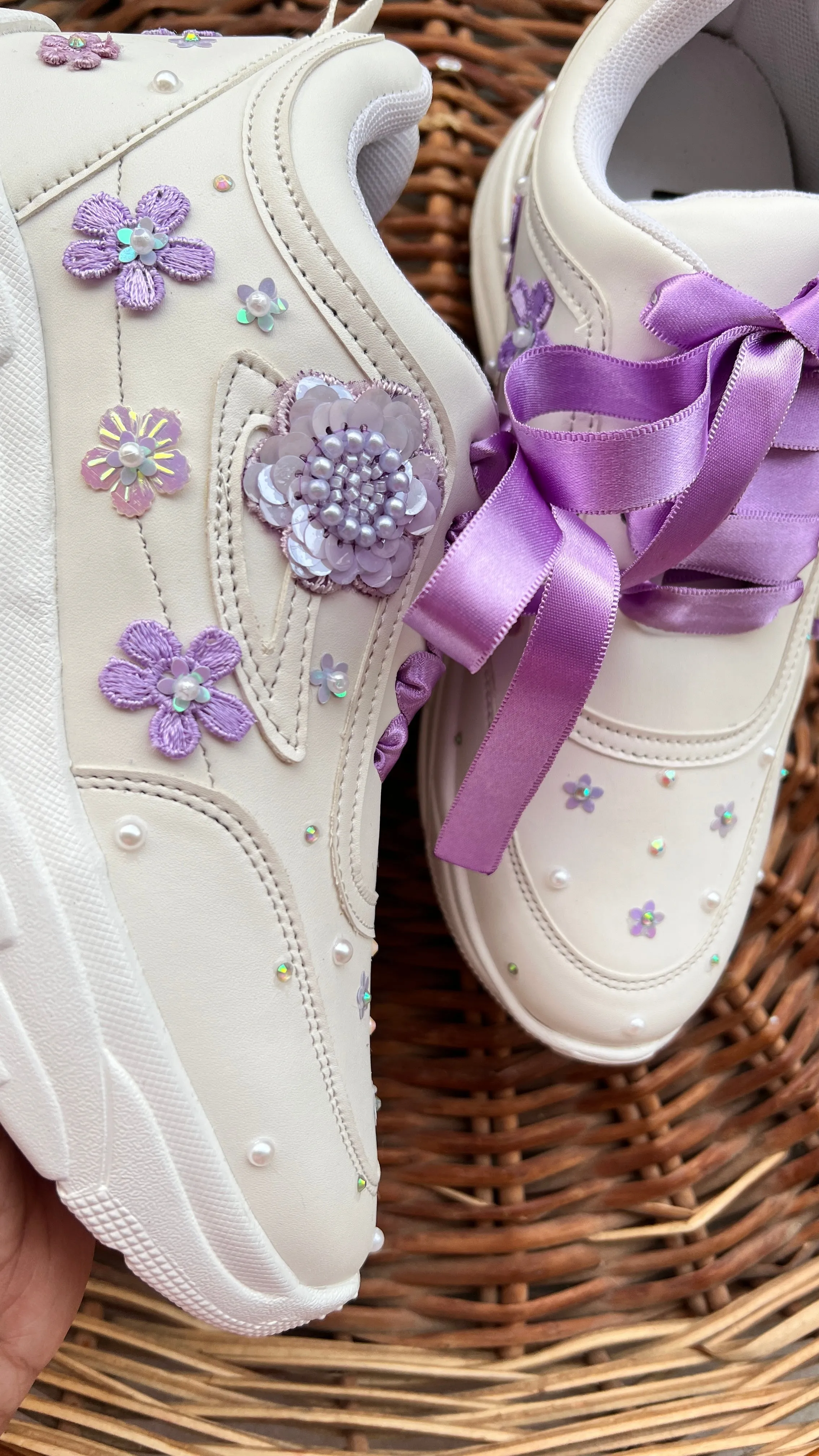 Funky N Trendy purple / lilac/ lavender embroidery floral work bridal sneakers/ bridesmaid sneaker / hancrafted sneakers / purple sneakers / white sneakers