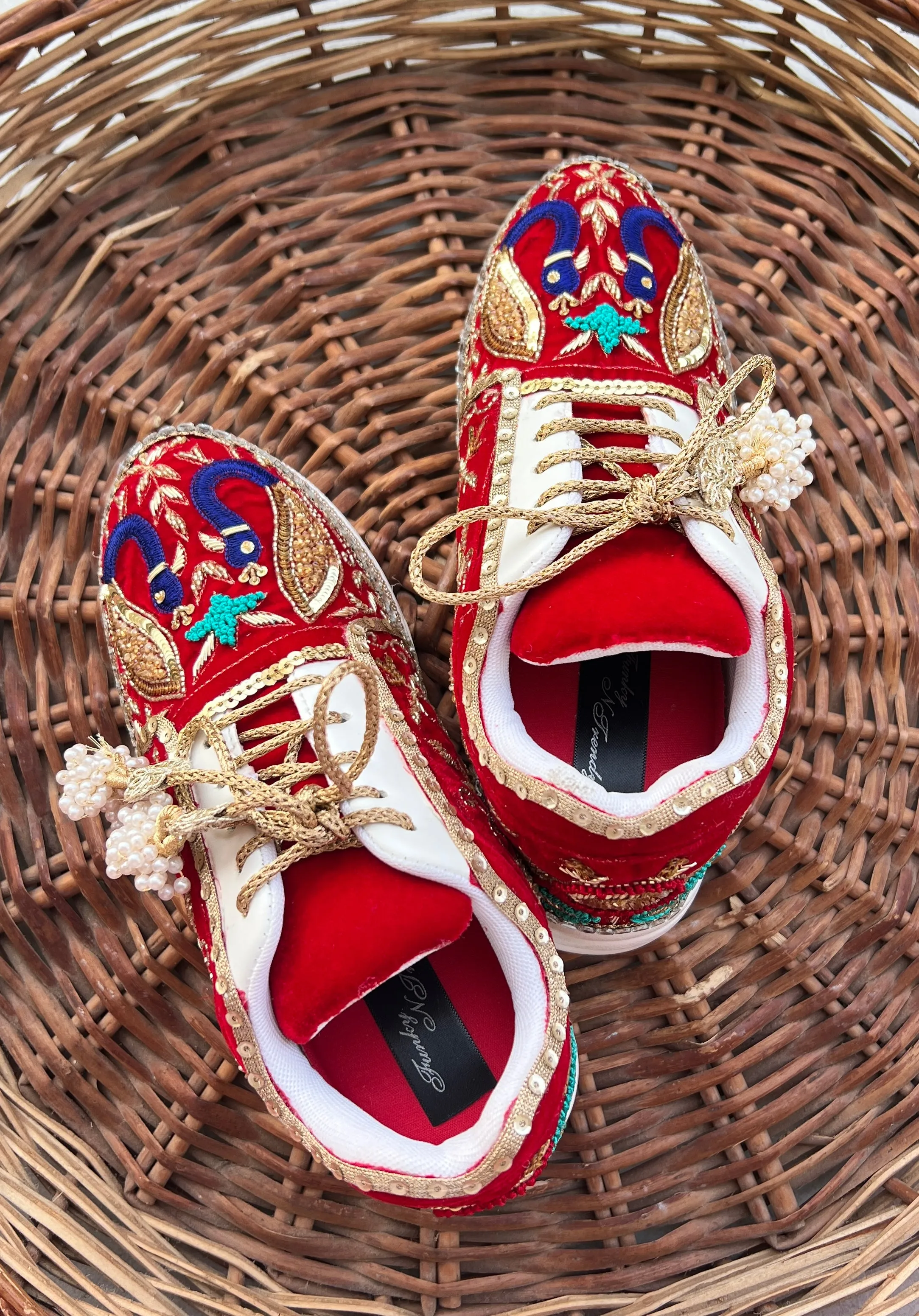 FUNKY N TRENDY red hand embroidered sneakers for brides /bridesmaids / sneakers for bridesmaids/ handcrafted sneakers/ sequine sneakers / bridal sneakers / bridesmaid sneakers/ red sneakers /embroidered shoes/ zardozi sneakers/peacock sneakers