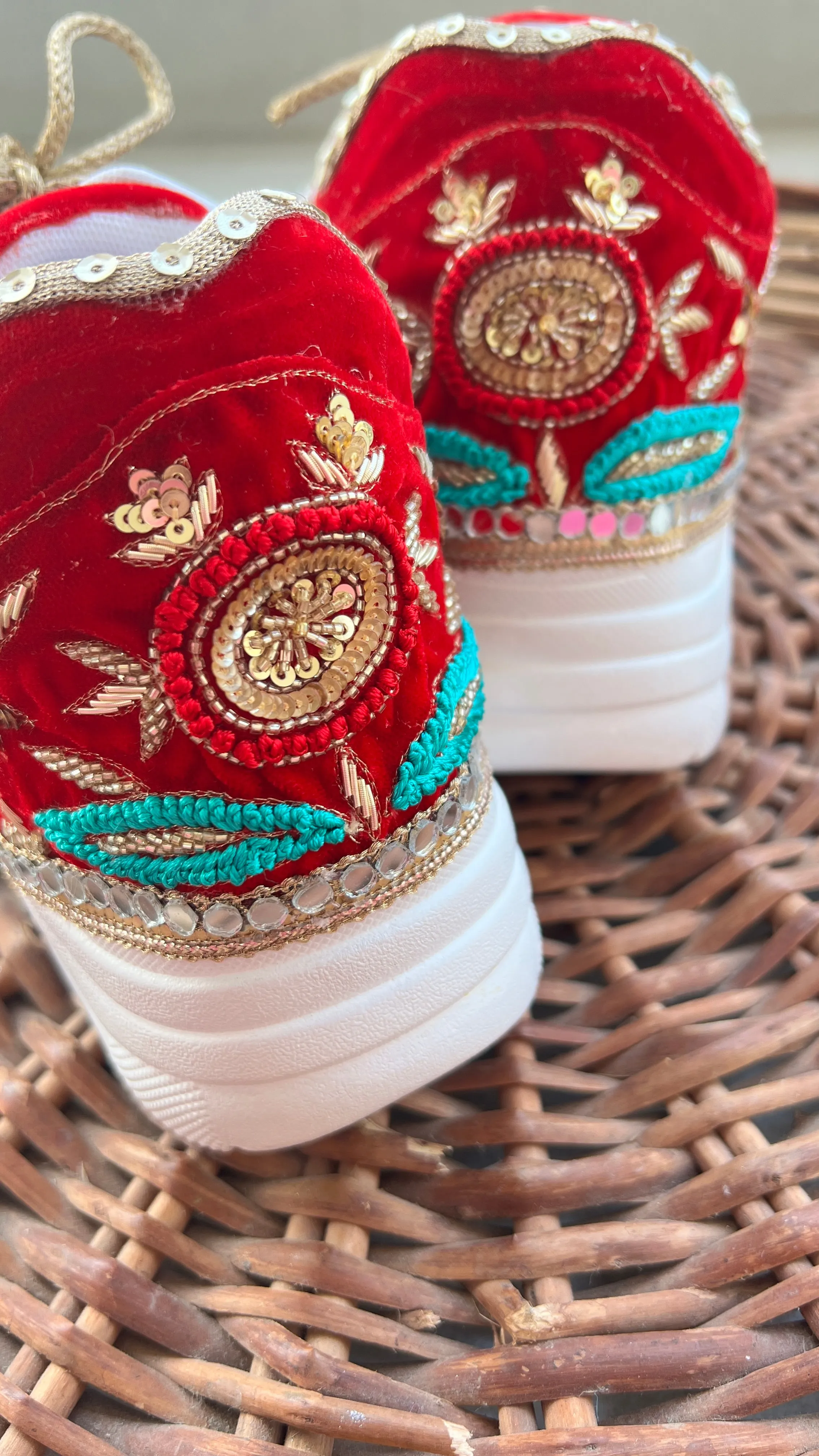 FUNKY N TRENDY red hand embroidered sneakers for brides /bridesmaids / sneakers for bridesmaids/ handcrafted sneakers/ sequine sneakers / bridal sneakers / bridesmaid sneakers/ red sneakers /embroidered shoes/ zardozi sneakers/peacock sneakers