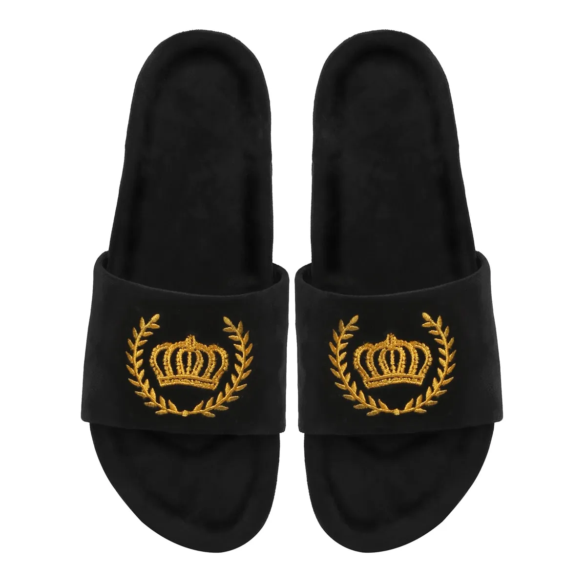 Golden Crown Embroidery On Black Velvet Slide-In-Slipper