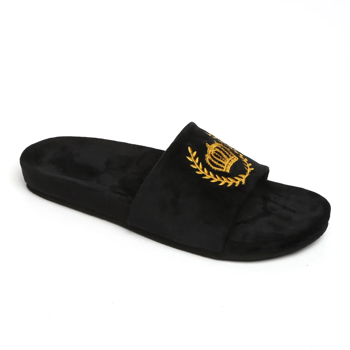 Golden Crown Embroidery On Black Velvet Slide-In-Slipper