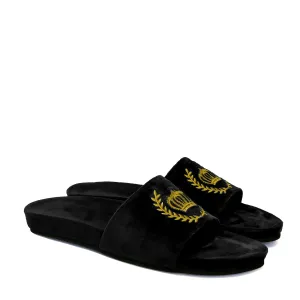 Golden Crown Embroidery On Black Velvet Slide-In-Slipper