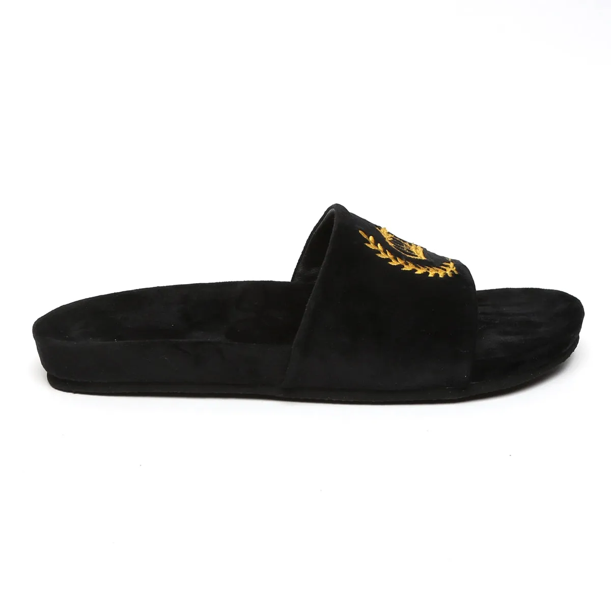 Golden Crown Embroidery On Black Velvet Slide-In-Slipper