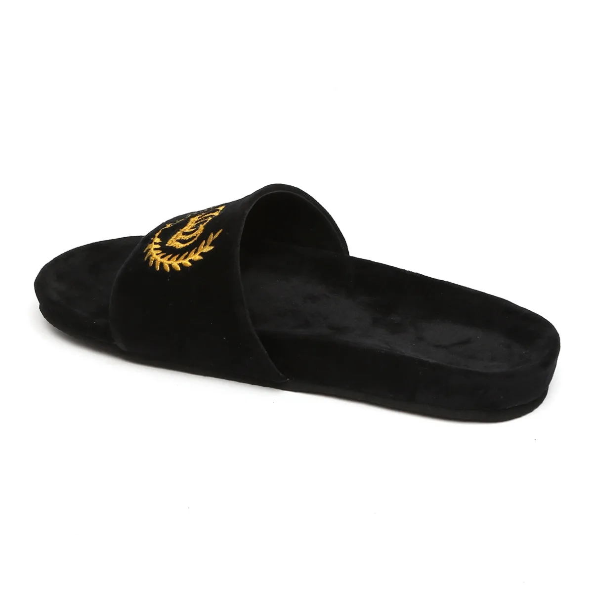 Golden Crown Embroidery On Black Velvet Slide-In-Slipper