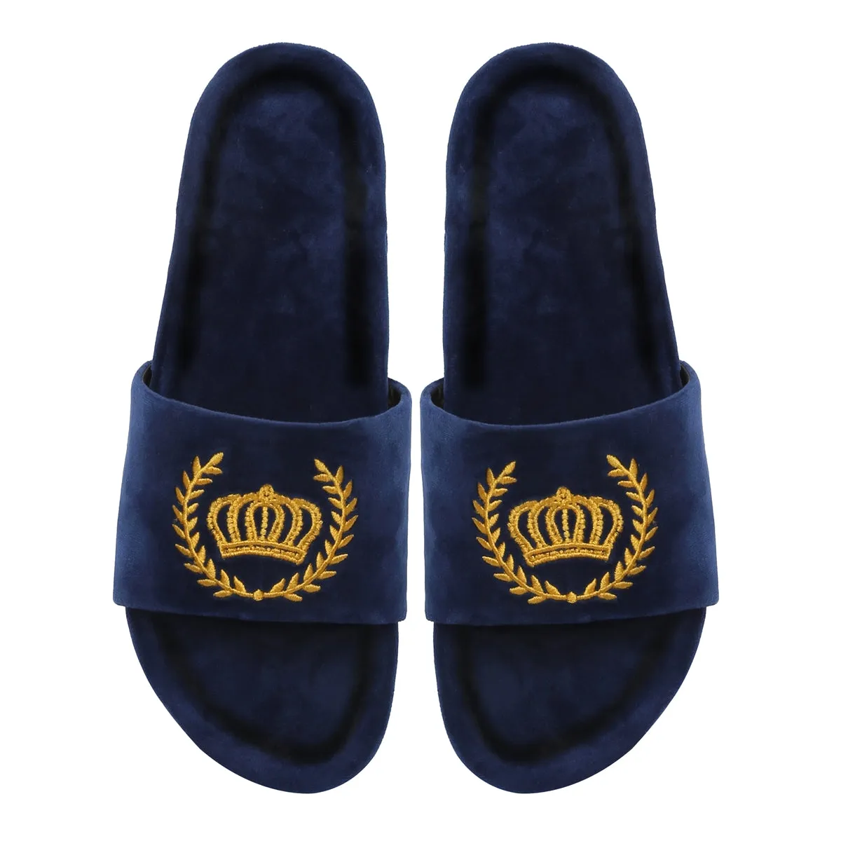 Golden Crown Embroidery On Navy Blue Velvet Slide-In-Slipper