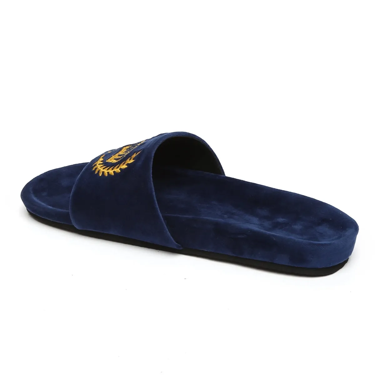 Golden Crown Embroidery On Navy Blue Velvet Slide-In-Slipper