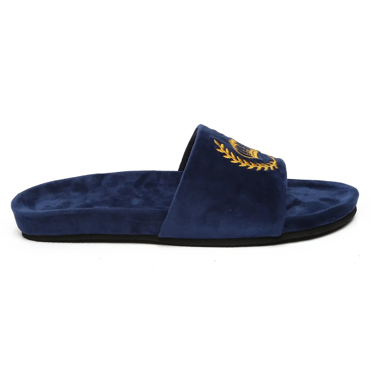 Golden Crown Embroidery On Navy Blue Velvet Slide-In-Slipper