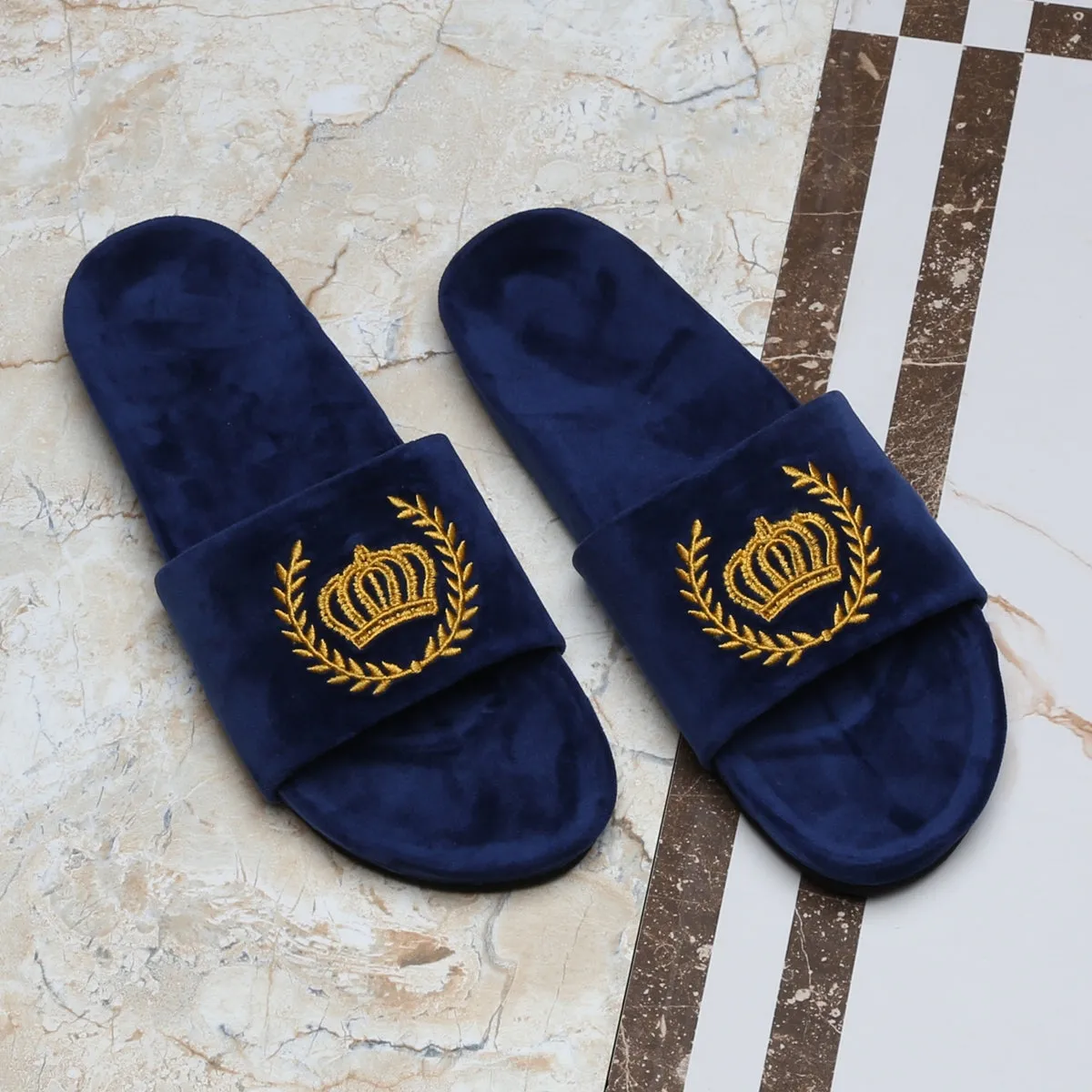 Golden Crown Embroidery On Navy Blue Velvet Slide-In-Slipper