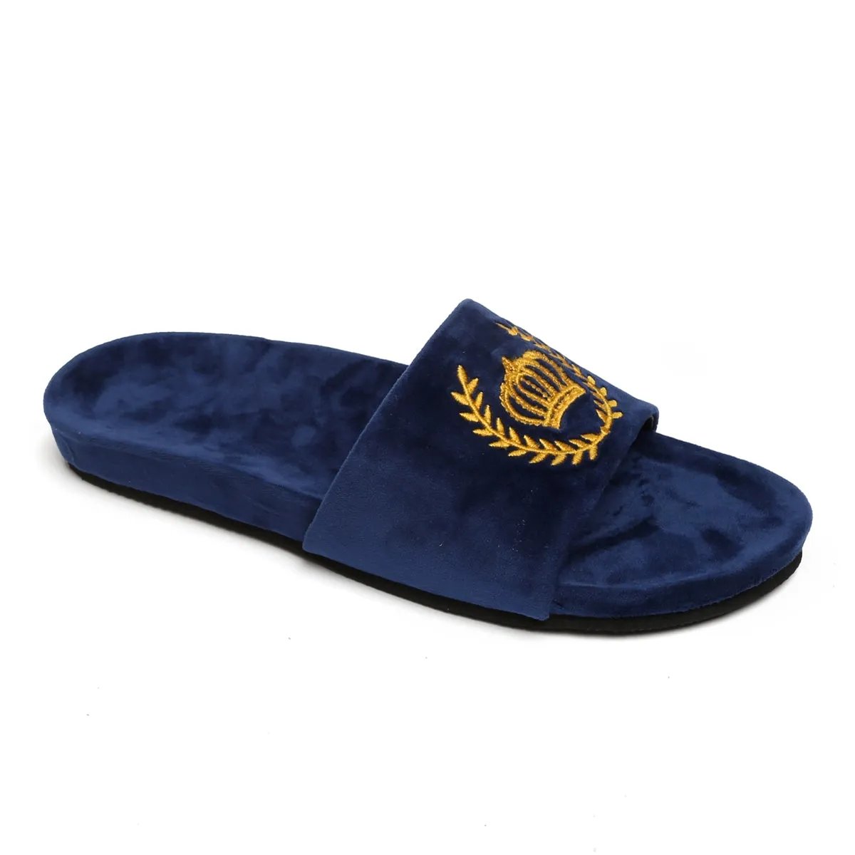 Golden Crown Embroidery On Navy Blue Velvet Slide-In-Slipper