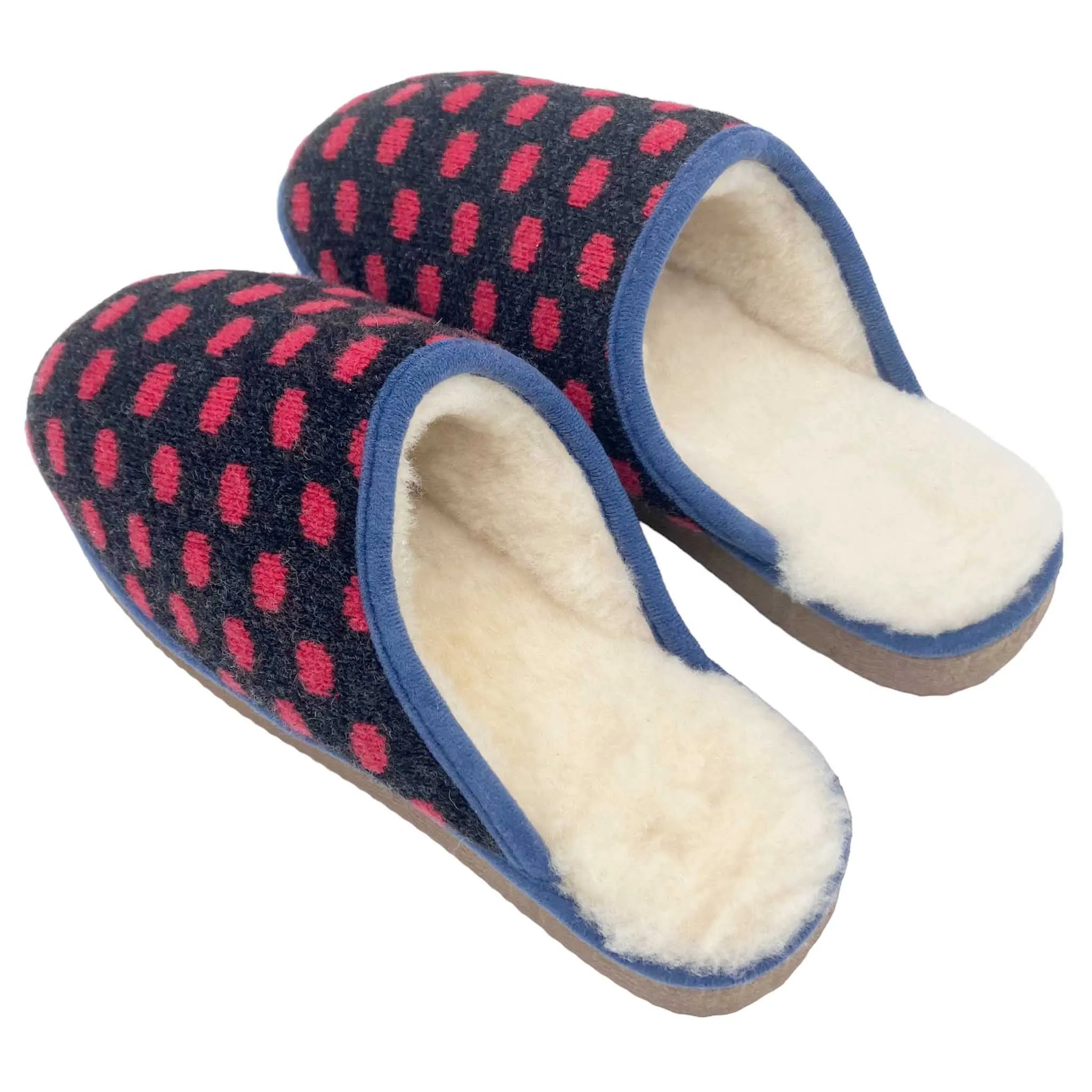 Grey & Red Spot Lambswool & Sheepskin Slippers - S & XL ONLY