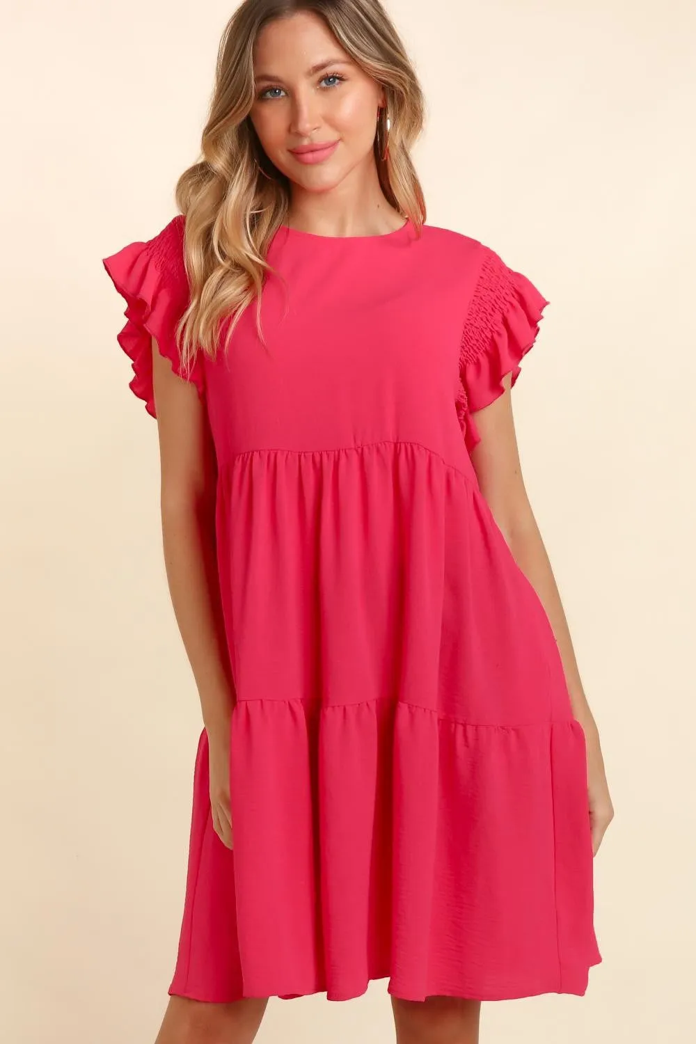 Haptics Smocking Ruffle Short Sleeve Dress with Pockets  in Fuchsia