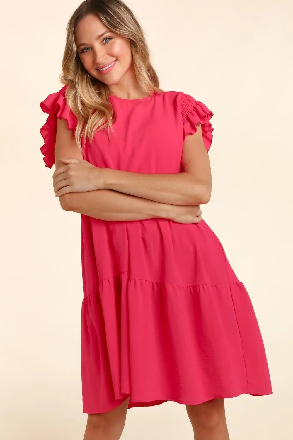 Haptics Smocking Ruffle Short Sleeve Dress with Pockets  in Fuchsia