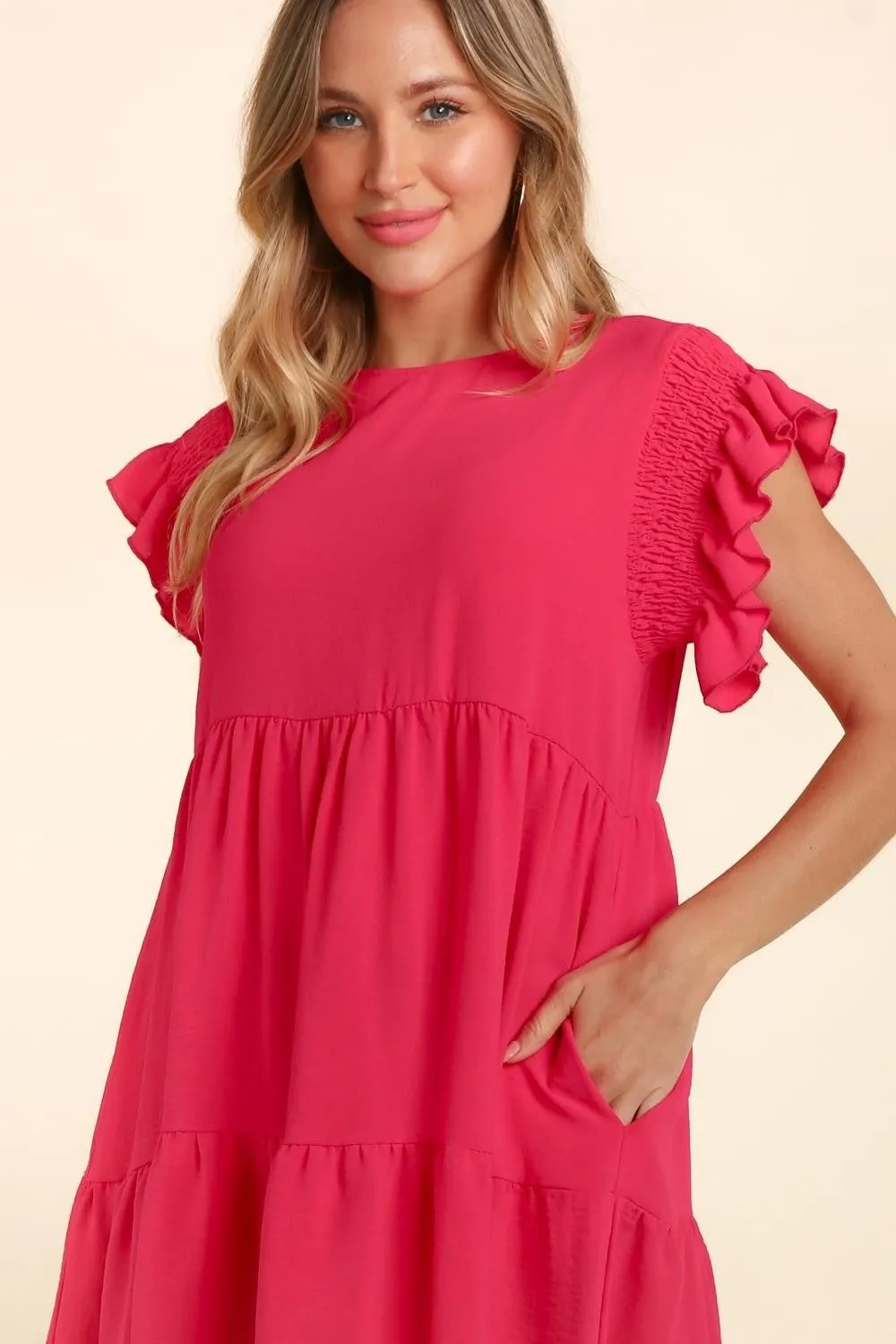 Haptics Smocking Ruffle Short Sleeve Dress with Pockets  in Fuchsia