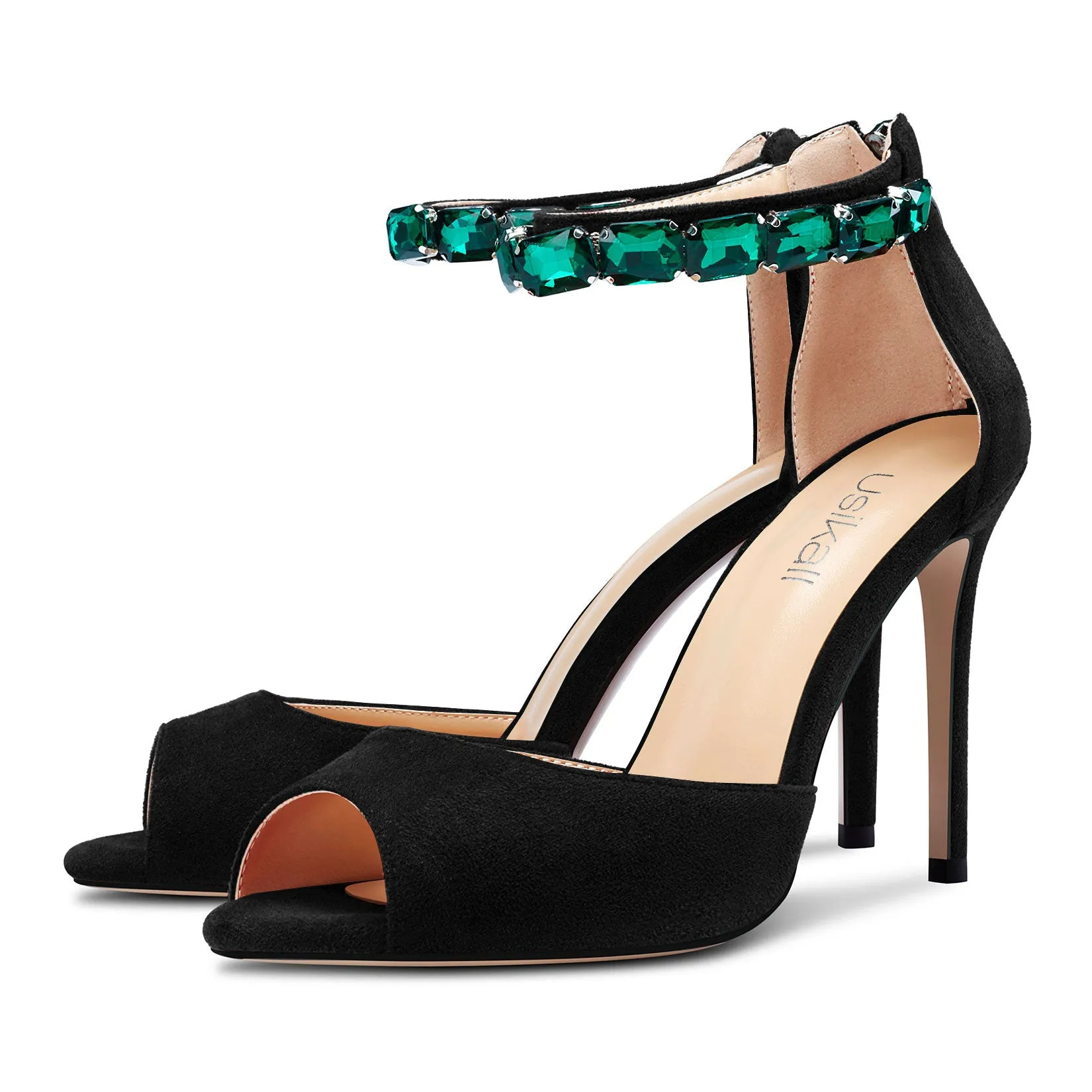 Ladies High Heels Stiletto Pumps Ankle-Strap with Gemstone Peep-toe Sandals Suede 4 Inches Heel