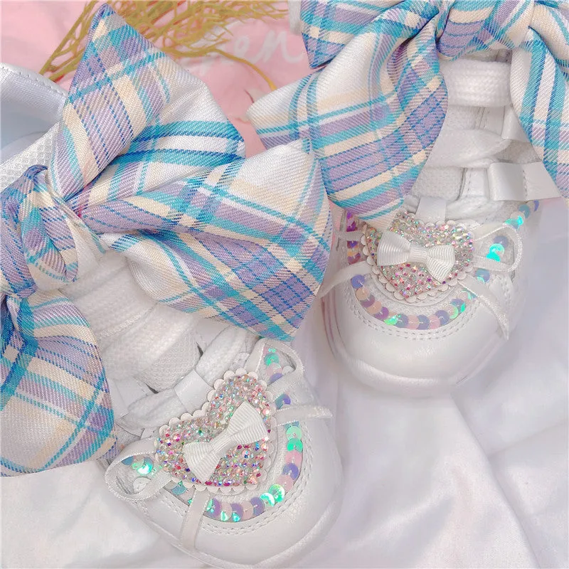 Lolita Plaid Bowknot Sweet Girly Style Thick-soled Casual Sports Shoes Breathable Flat Platform Shoes kawaii shoes loli cosplay