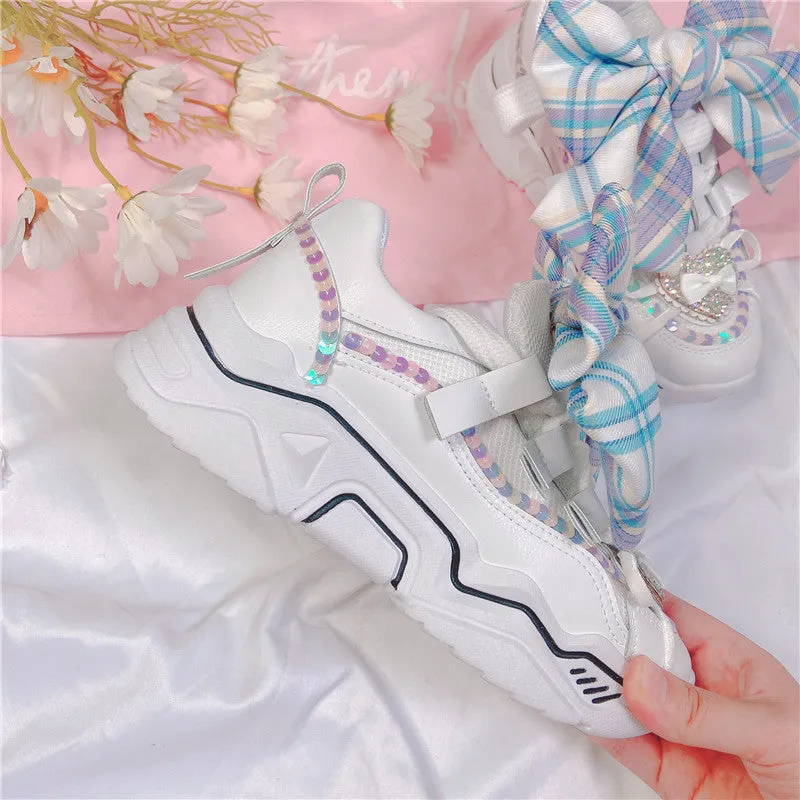 Lolita Plaid Bowknot Sweet Girly Style Thick-soled Casual Sports Shoes Breathable Flat Platform Shoes kawaii shoes loli cosplay