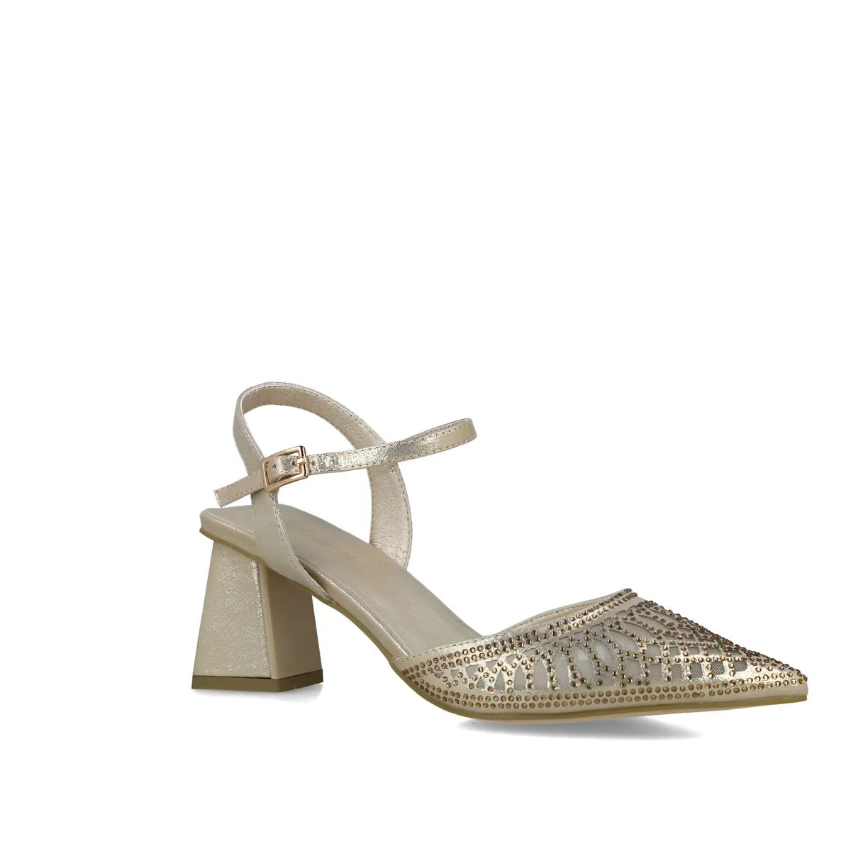 Menbur Gold Occasionwear Sandal with Diamante Details and Sculpted Heel