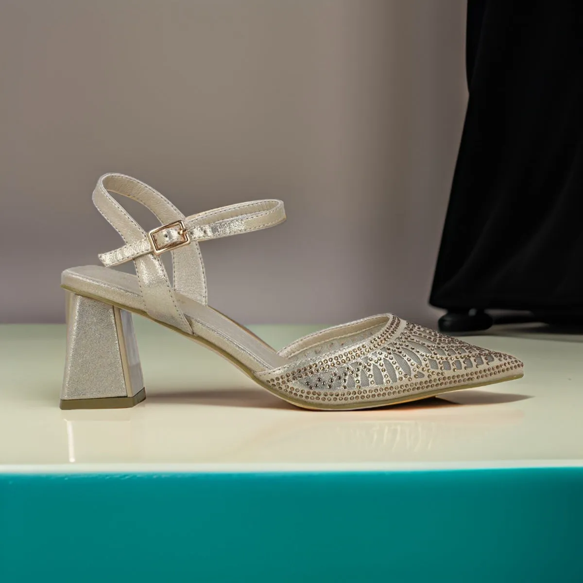 Menbur Gold Occasionwear Sandal with Diamante Details and Sculpted Heel