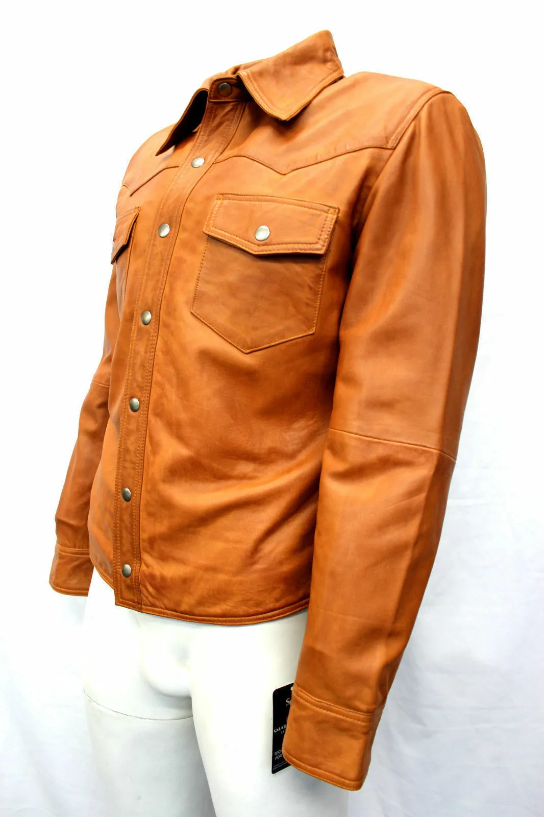 Men's Tan Leather Slim Fit Distinctive Style Shirt MS07