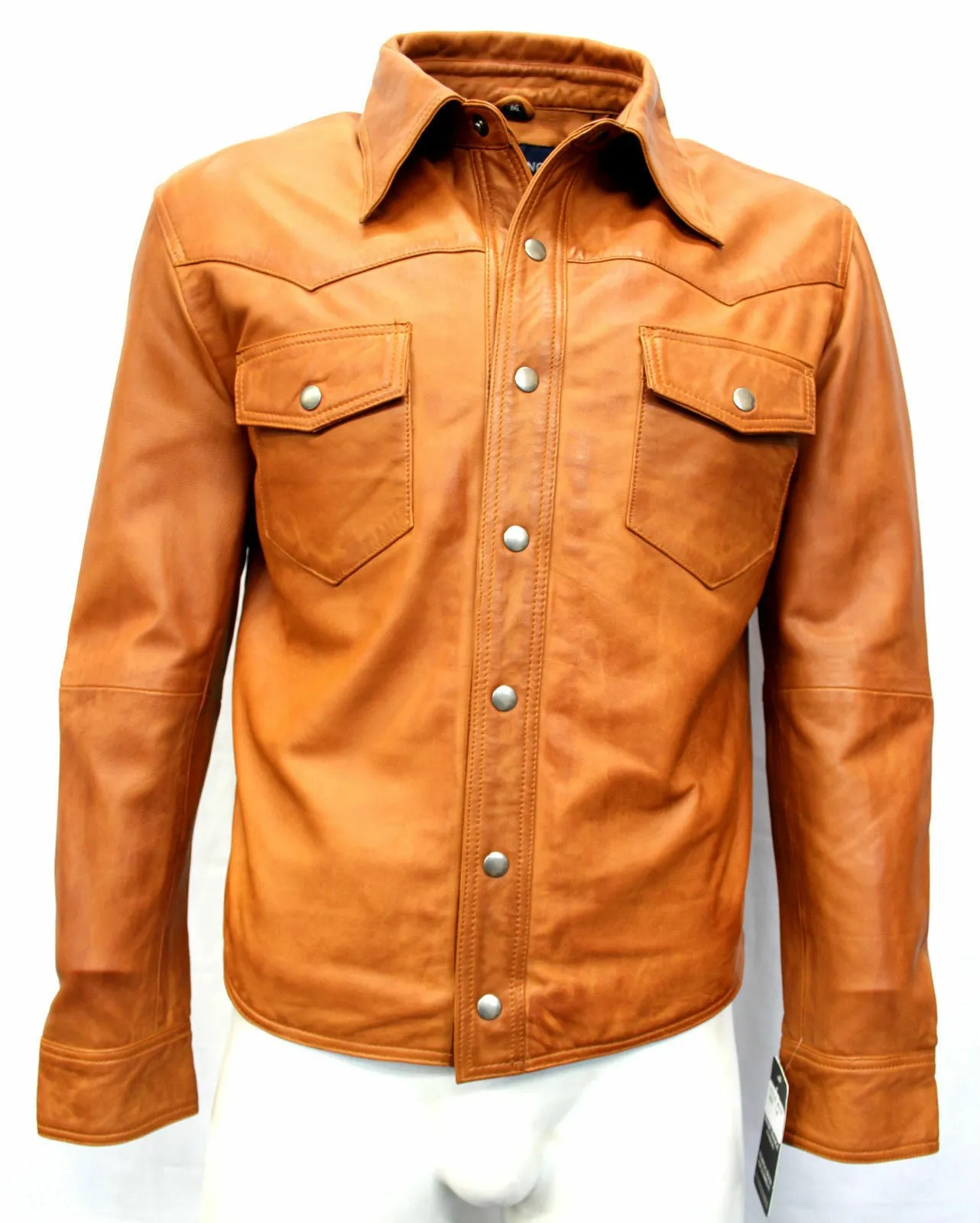 Men's Tan Leather Slim Fit Distinctive Style Shirt MS07