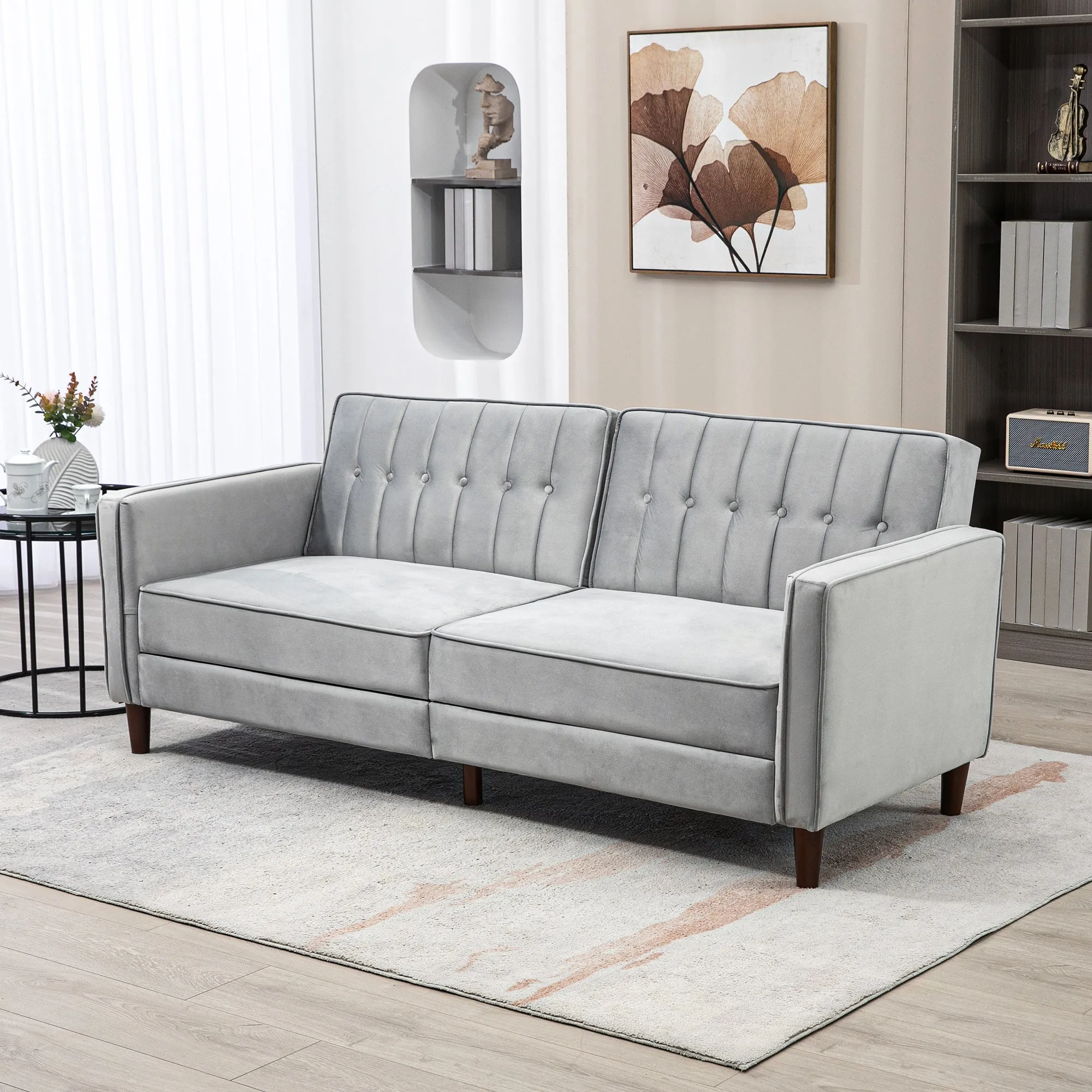 Modern Convertible Sofa Futon Velvet-Touch Tufted Couch Compact Loveseat with Adjustable Split Back, Grey