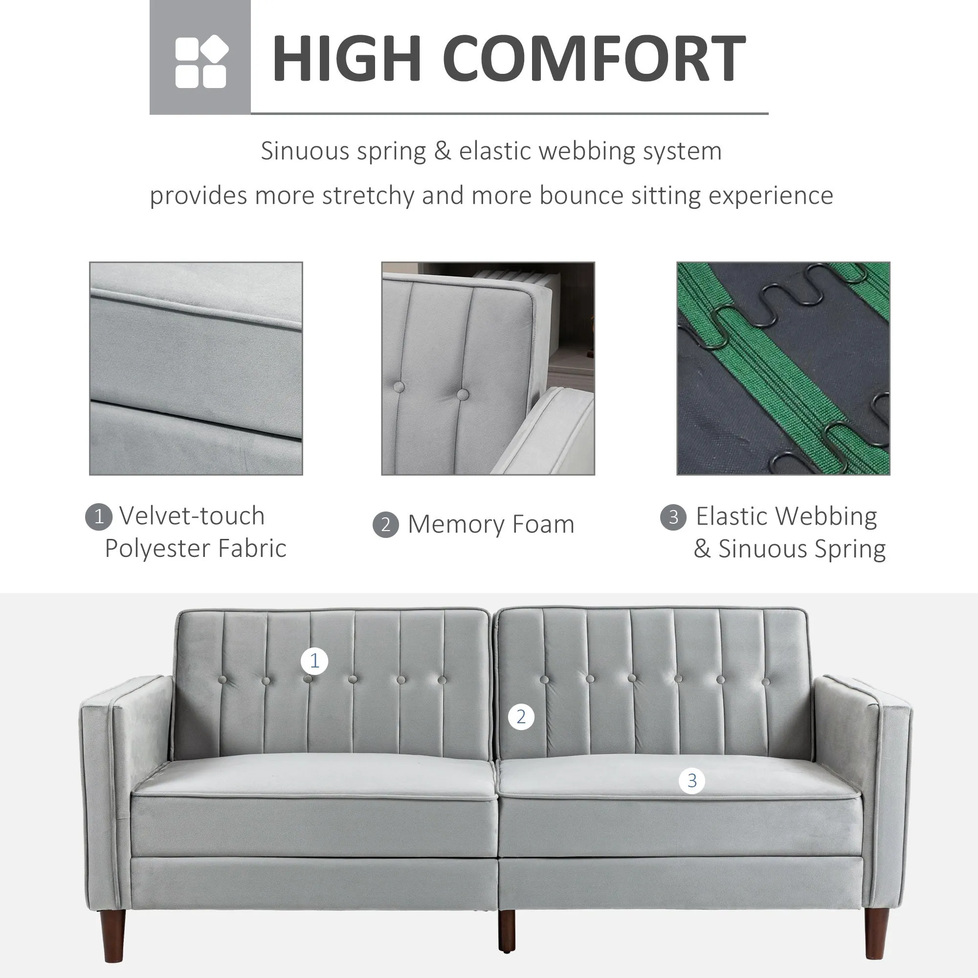 Modern Convertible Sofa Futon Velvet-Touch Tufted Couch Compact Loveseat with Adjustable Split Back, Grey