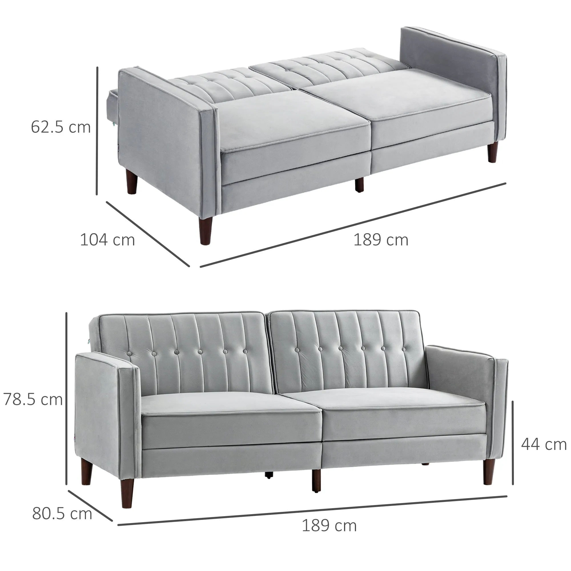 Modern Convertible Sofa Futon Velvet-Touch Tufted Couch Compact Loveseat with Adjustable Split Back, Grey