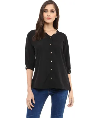 Pannkh Women's Black  Shirt Top With Detailed Notch Designs