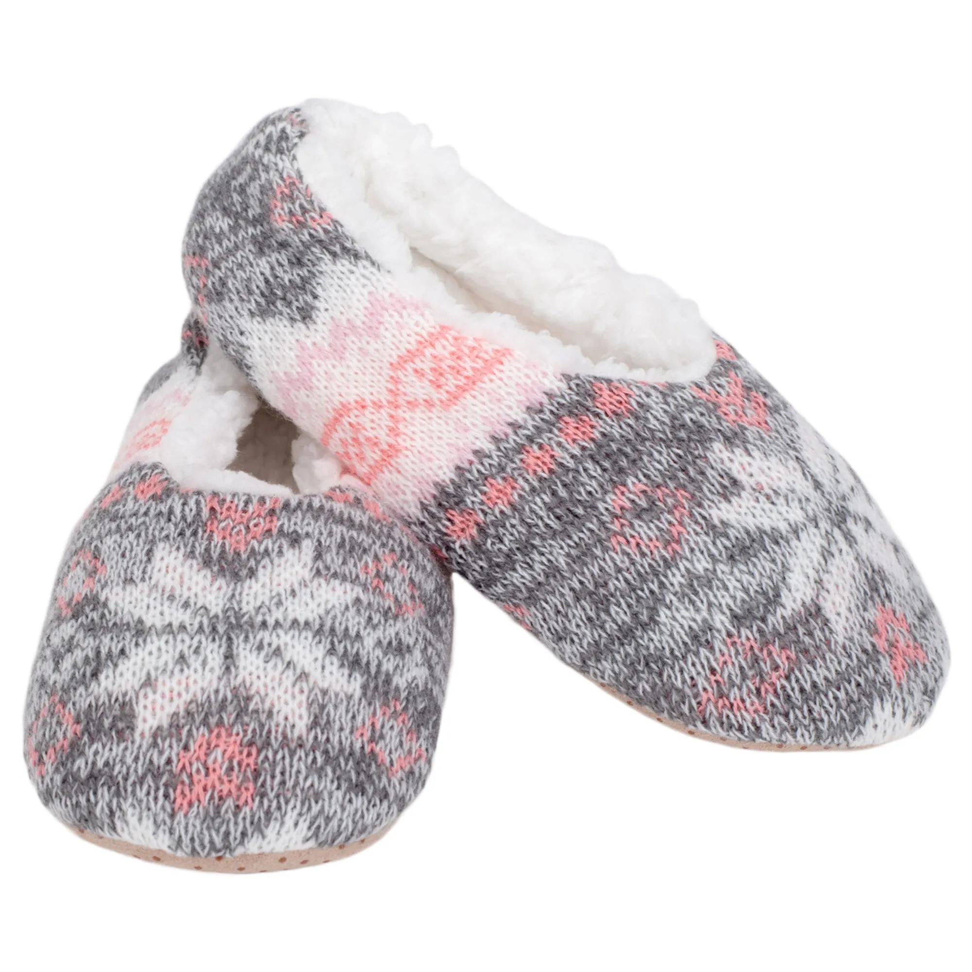 Pink Grey Nordic Snow Womens Plush Lined Cozy Non Slip Indoor Soft Slippers - Medium