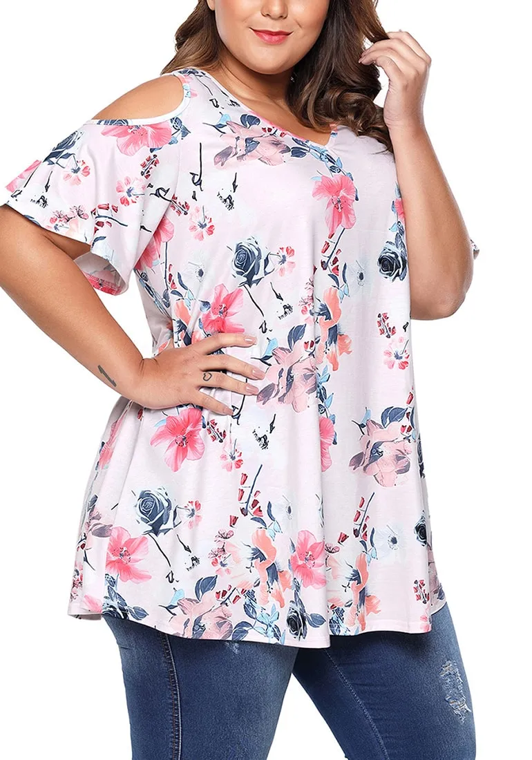 Plus Size Light Pink Floral Cold-Shoulder Blouse