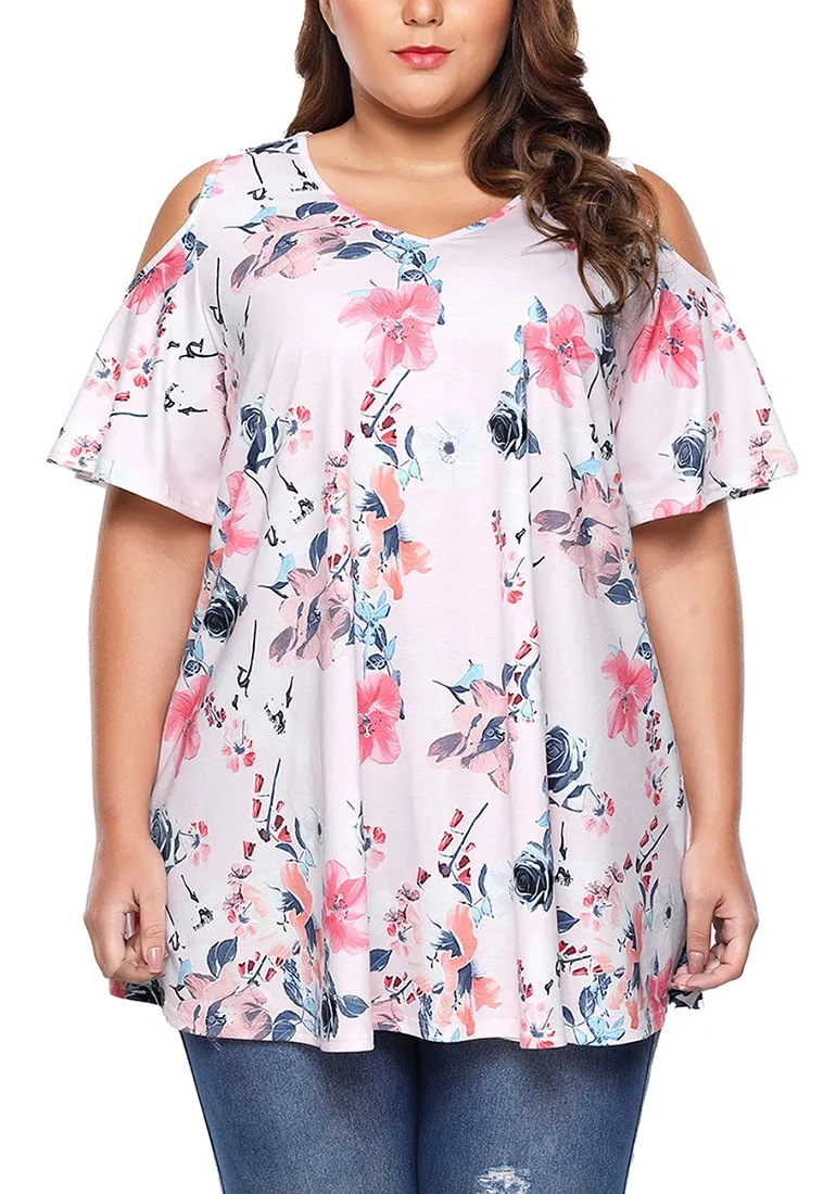 Plus Size Light Pink Floral Cold-Shoulder Blouse