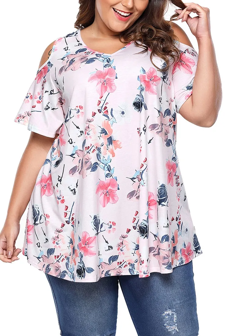 Plus Size Light Pink Floral Cold-Shoulder Blouse