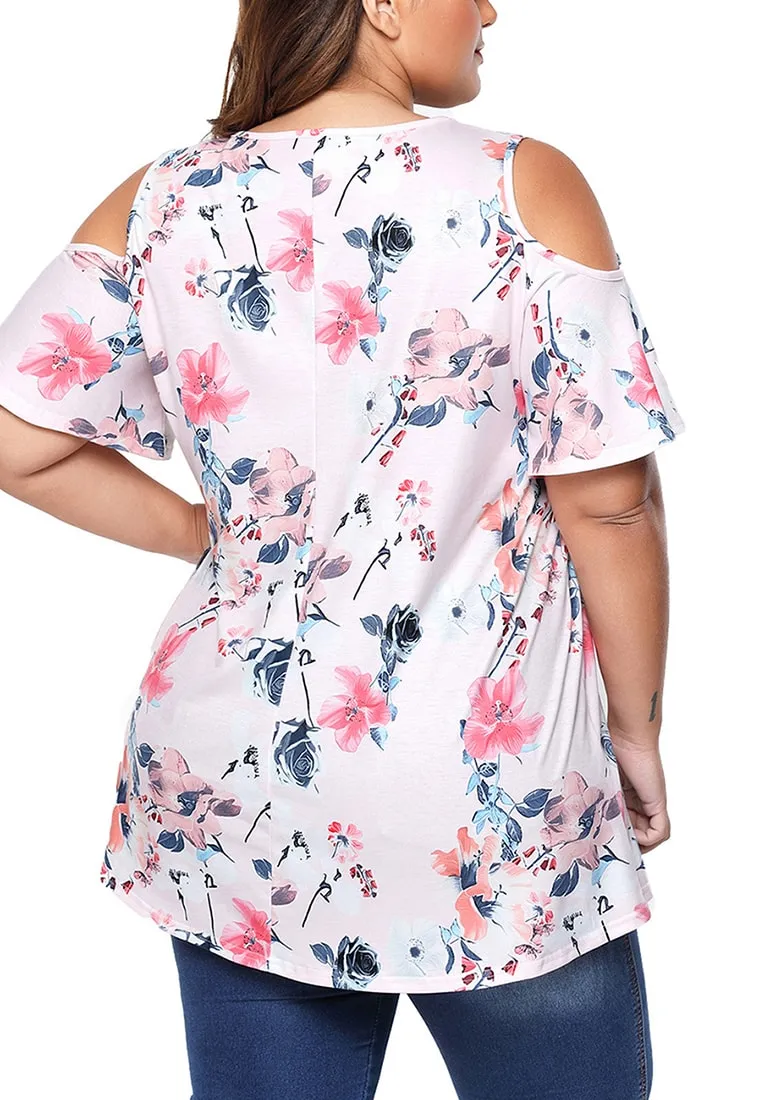 Plus Size Light Pink Floral Cold-Shoulder Blouse